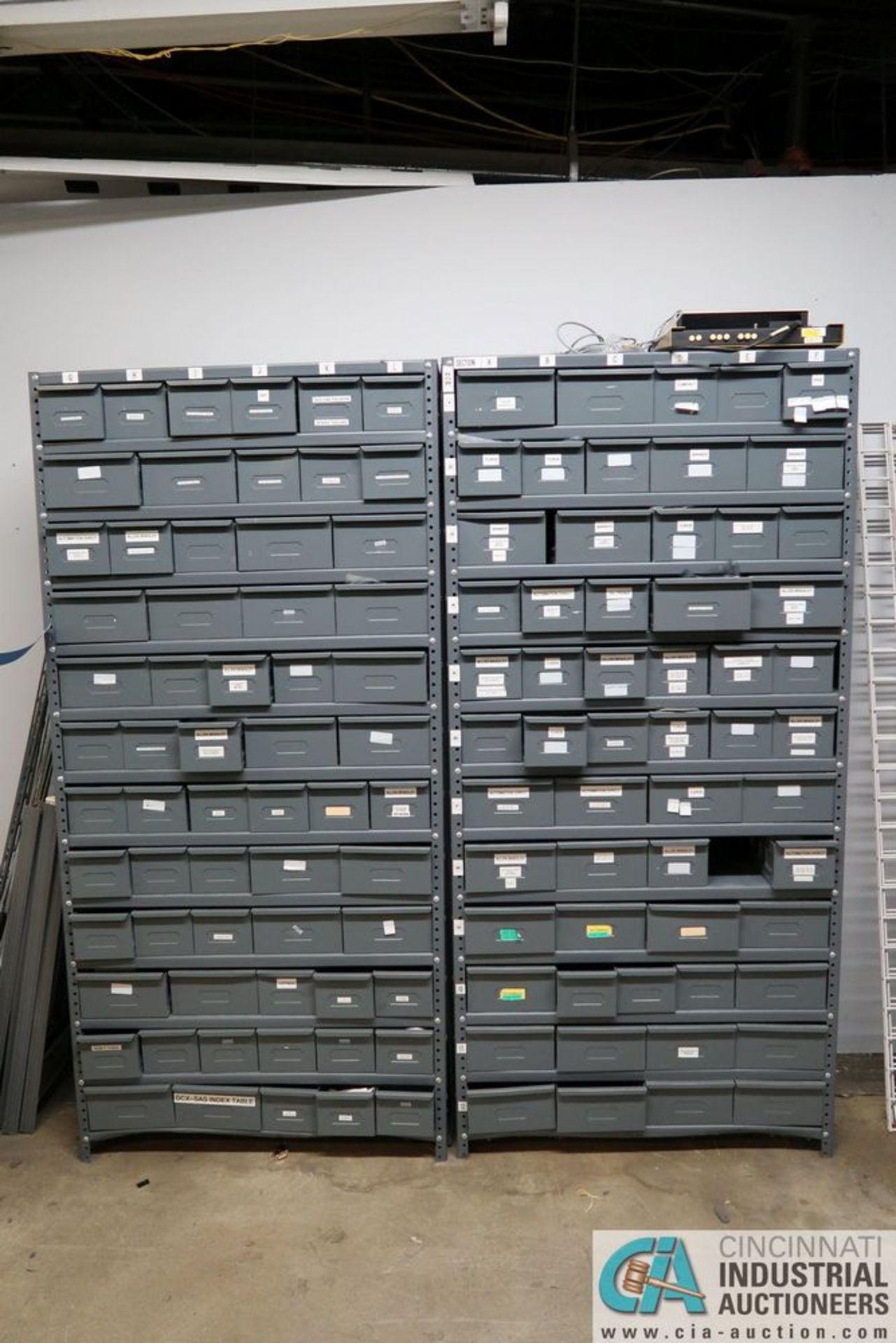 64-DRAWER PIDGEON HOLE CABINET WITH MISCELLANEOUS ALLEN BRADLEY, BANNER, AUTOMATION DIRECT AND