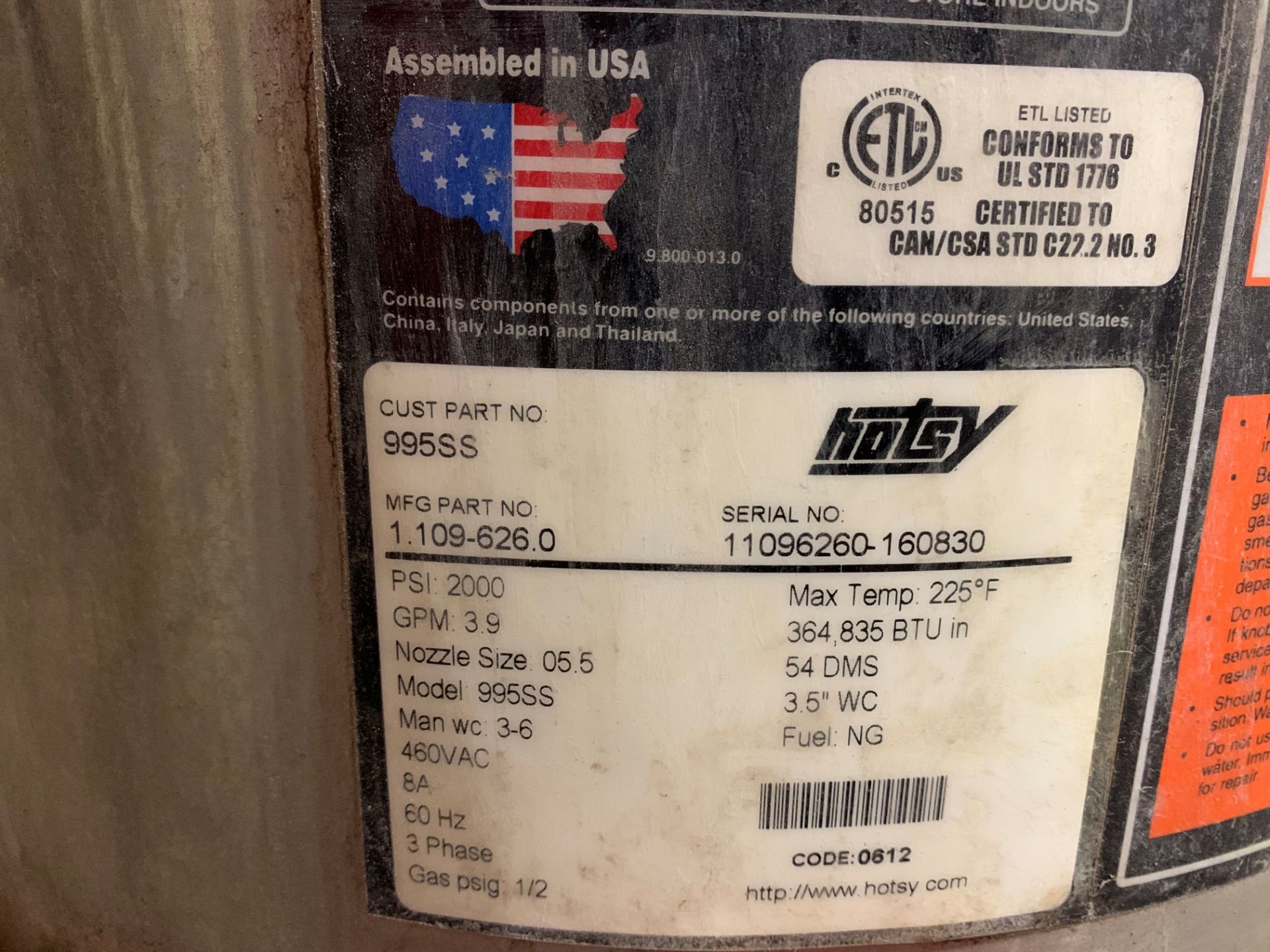 2,000 PSI Hotsy Model 995SS Steam Cleaner - Loading Fee Due the "ERRA" Adkins Machinery $150.00 - Image 2 of 3