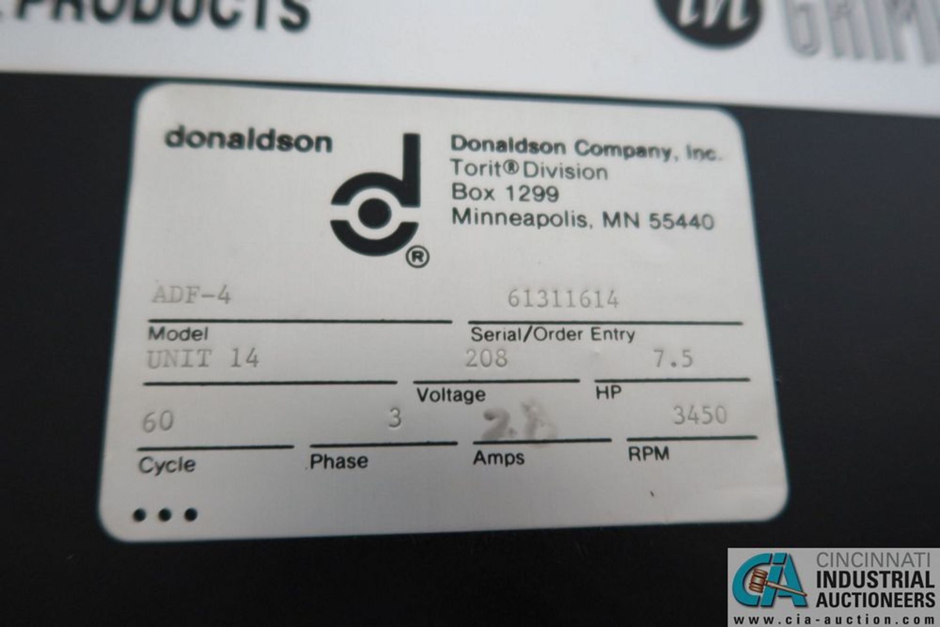 7.5 HP DONALDSON MODEL ADF-4 DUST COLLECTOR; S/N 61311614 **Loading Fee Due the "ERRA" Chicago - Image 3 of 4