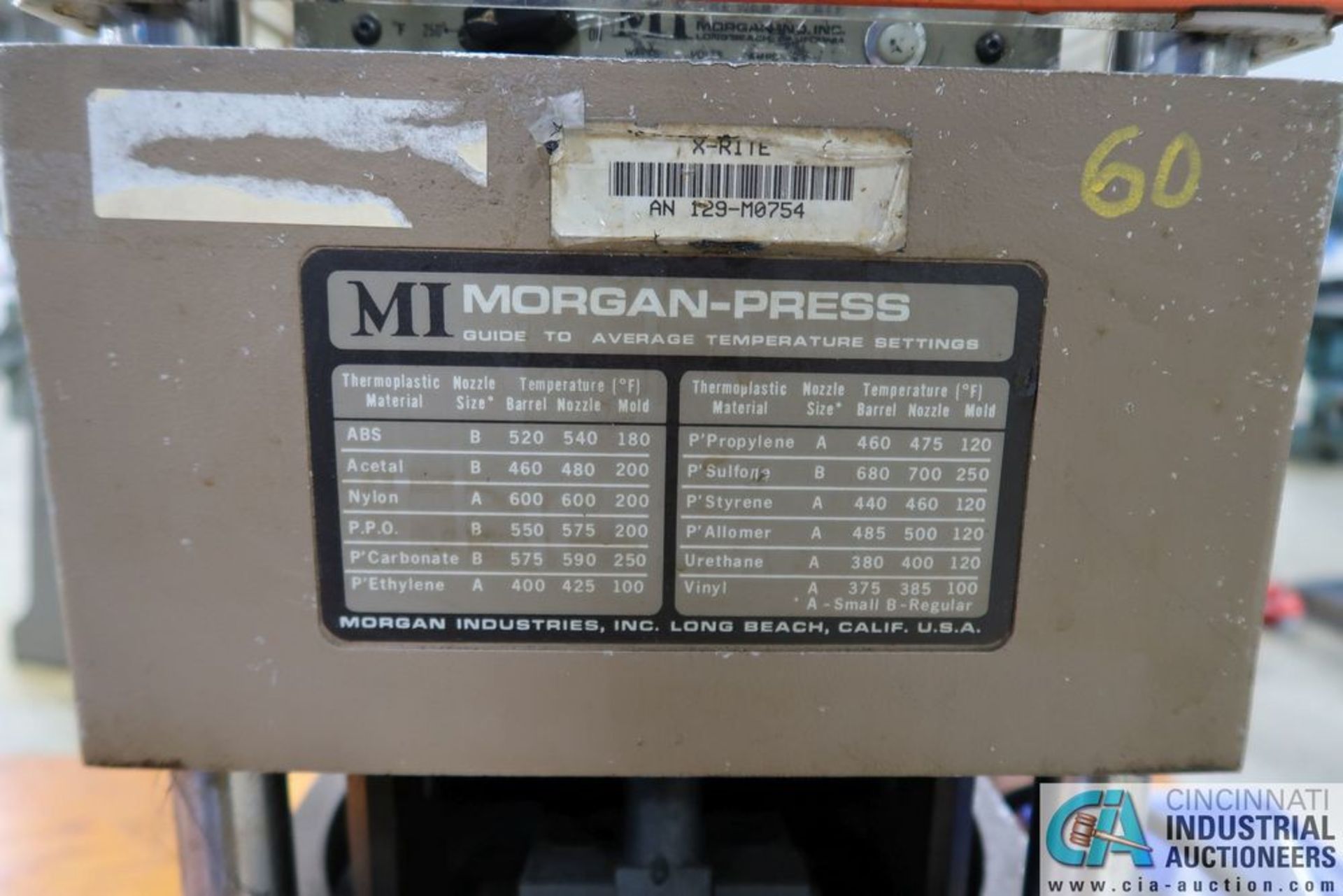 20 TON MORGAN MODEL G-100T PLASTIC INJECTION MOLDING PRESS; S/N 7396, SINGLE PHASE - Image 3 of 8