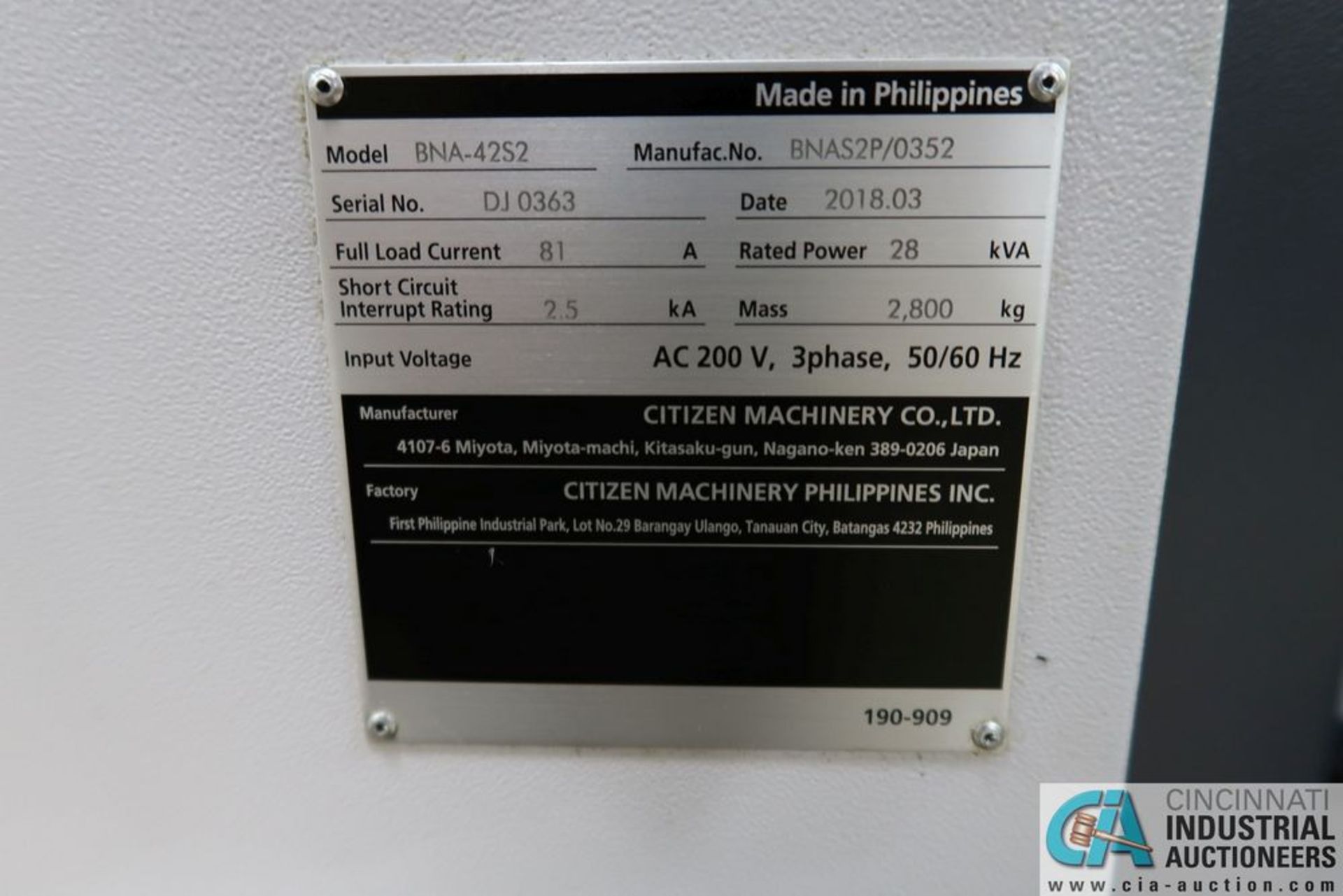 **CITIZEN MIYANO BNA-42S2 FIVE-AXIS CNC LATHE** Sold subject to bid confirmation** - Image 9 of 16