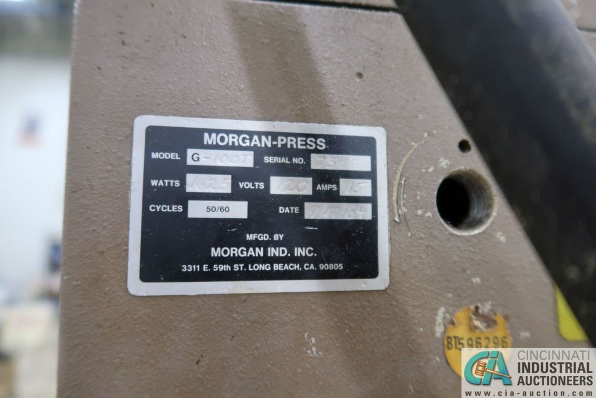 20 TON MORGAN MODEL G-100T PLASTIC INJECTION MOLDING PRESS; S/N 7396, SINGLE PHASE - Image 7 of 8