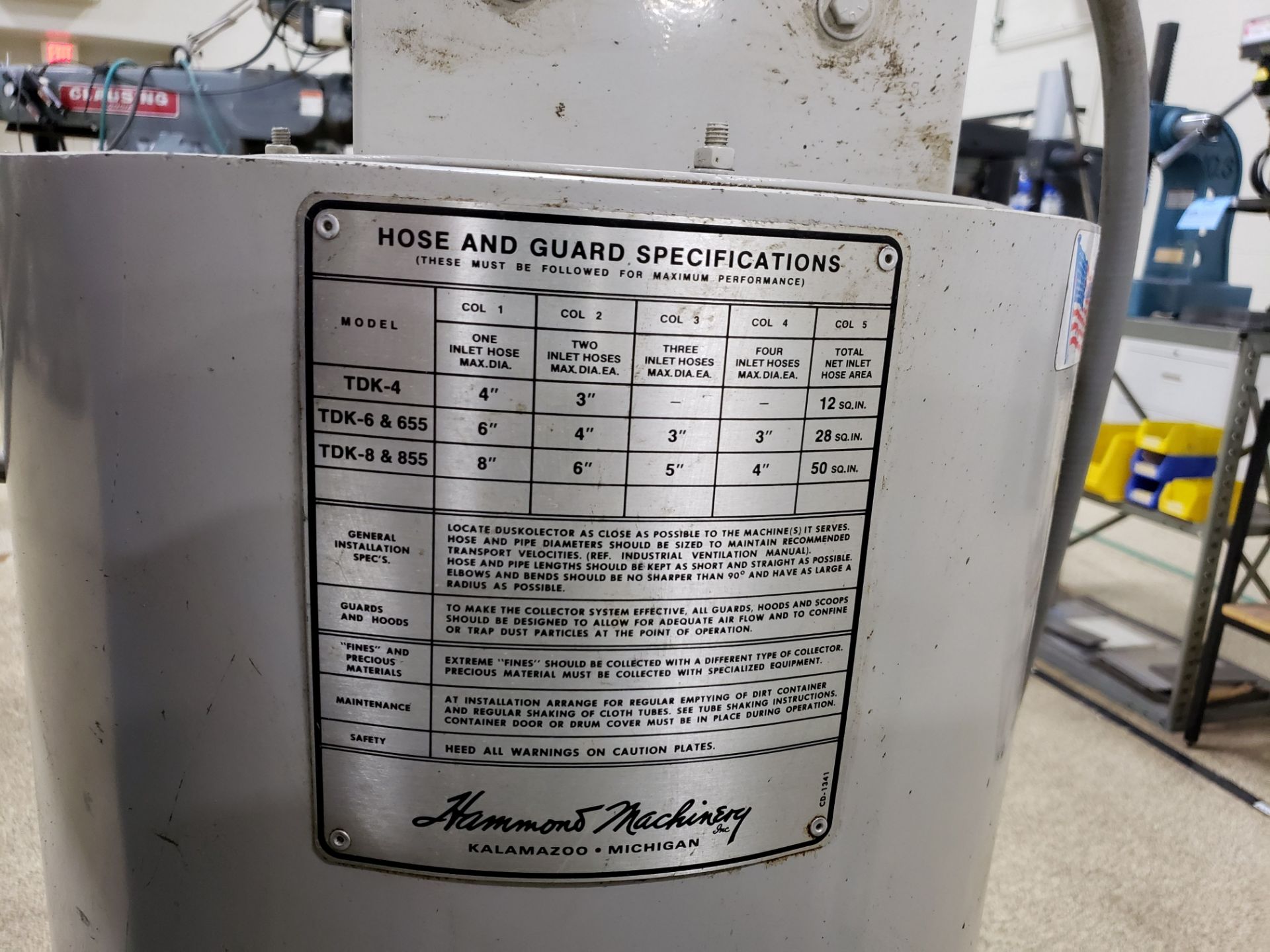 HAMMOND MODEL TDK-4C DUSKOLLECTOR; S/N 17734, 1 HP - Image 3 of 4