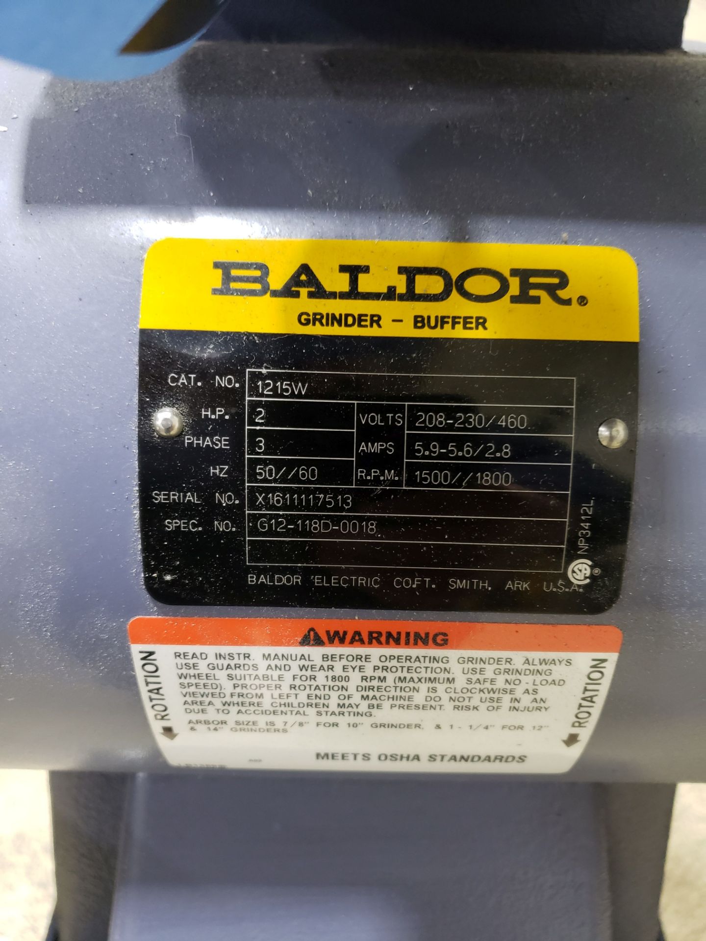 12" BALDOR DE GRINDER, 2 HP (USED ONCE), WITH 1/2 HP BALDOR DUST CONTROL UNIT - Image 5 of 7