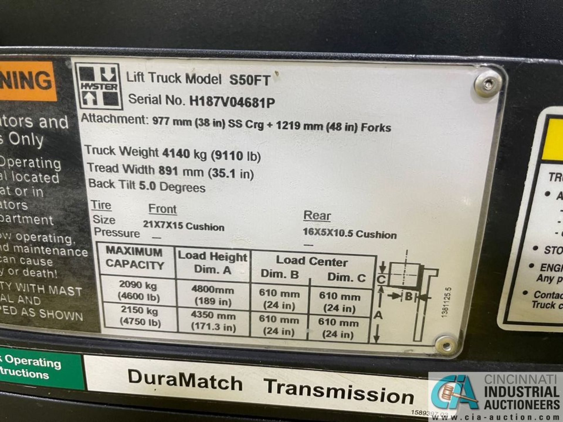 2018 / 5,000 LB. HYSTER MODEL S50FT LP GAS CUSHION TIRE LIFT TRUCK; S/N H187V04681, 3-STAGE MAST, - Image 7 of 8