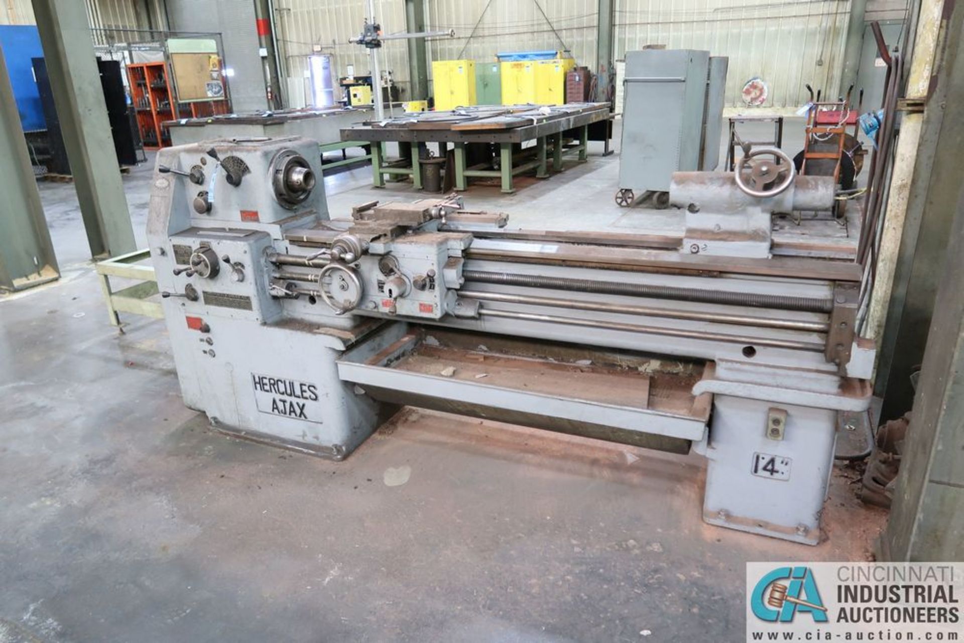 14" X 68' HERCULES AJAX LATHE, 25-1,500 RPM, 2" SPINDLE HOLE, TAPER CHUCK, TAILSTOCK