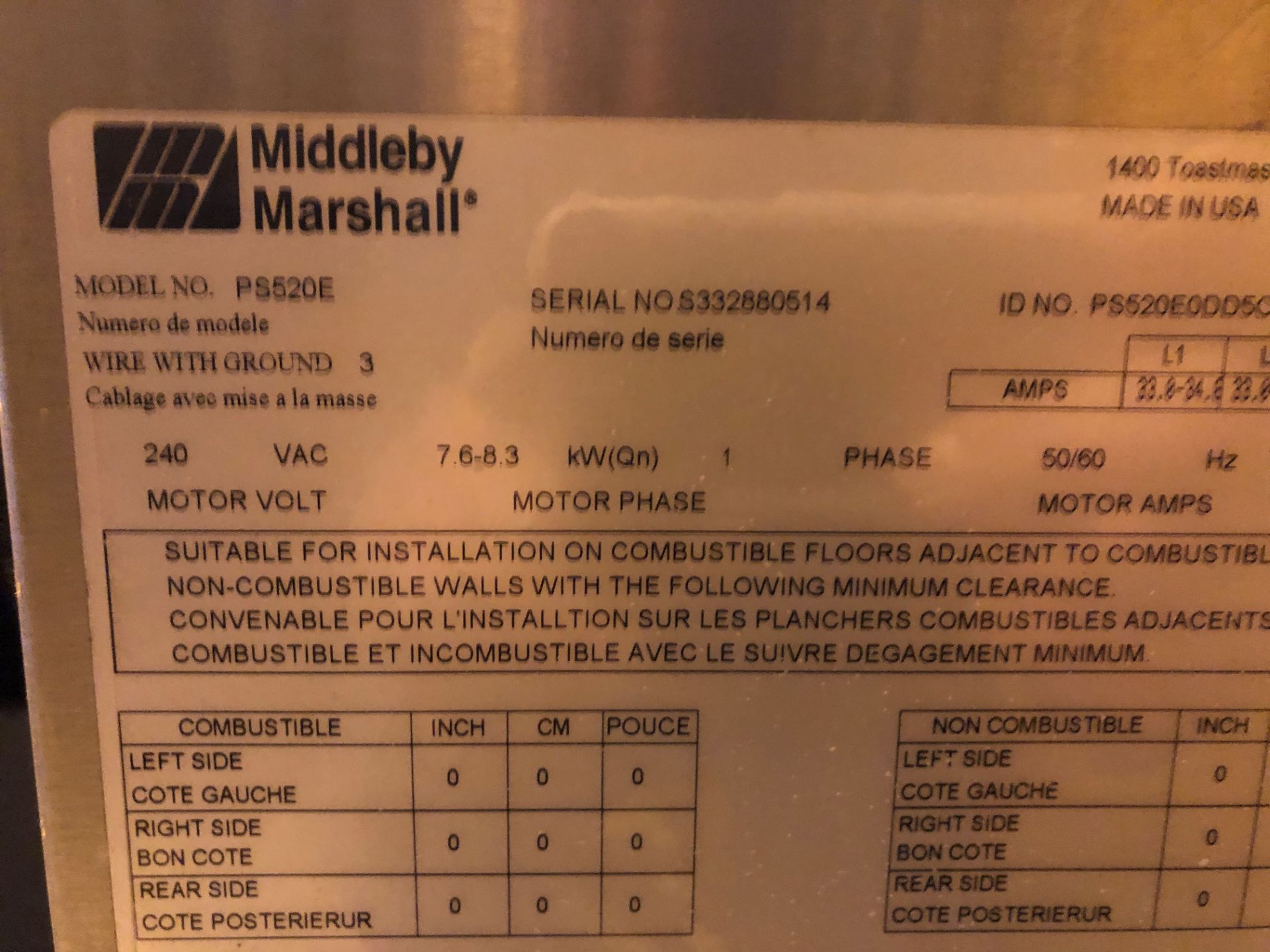 18" WIDE MIDDLEBY / MARSHALL MODEL PS520E ELECTRIC FIRED SS PASS THRU OVEN; S/N S332880514 - Image 2 of 2