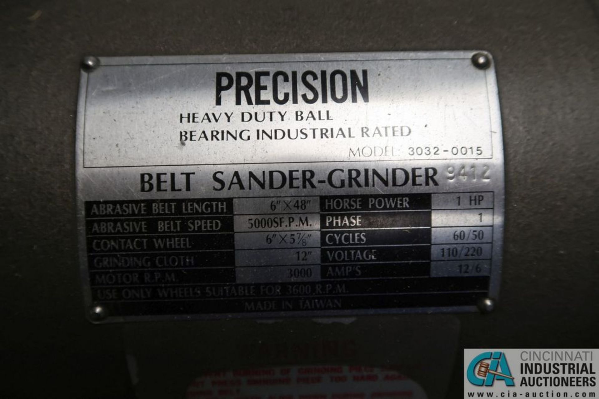 6" BELT X 12" DISC PRECISION MODEL 3032-0015 BENCH MOUNTED TILT-TABLES SANDER / GRINDER; S/N 9412, - Image 11 of 11