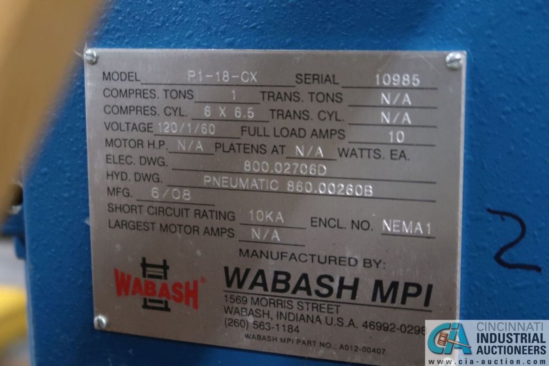 WABASH MPI MODEL P1-18-CX PNEUMATIC COMPRESSION MOLDING PRESS; S/N 10985 **Loading Fee Due $100.00** - Image 8 of 8