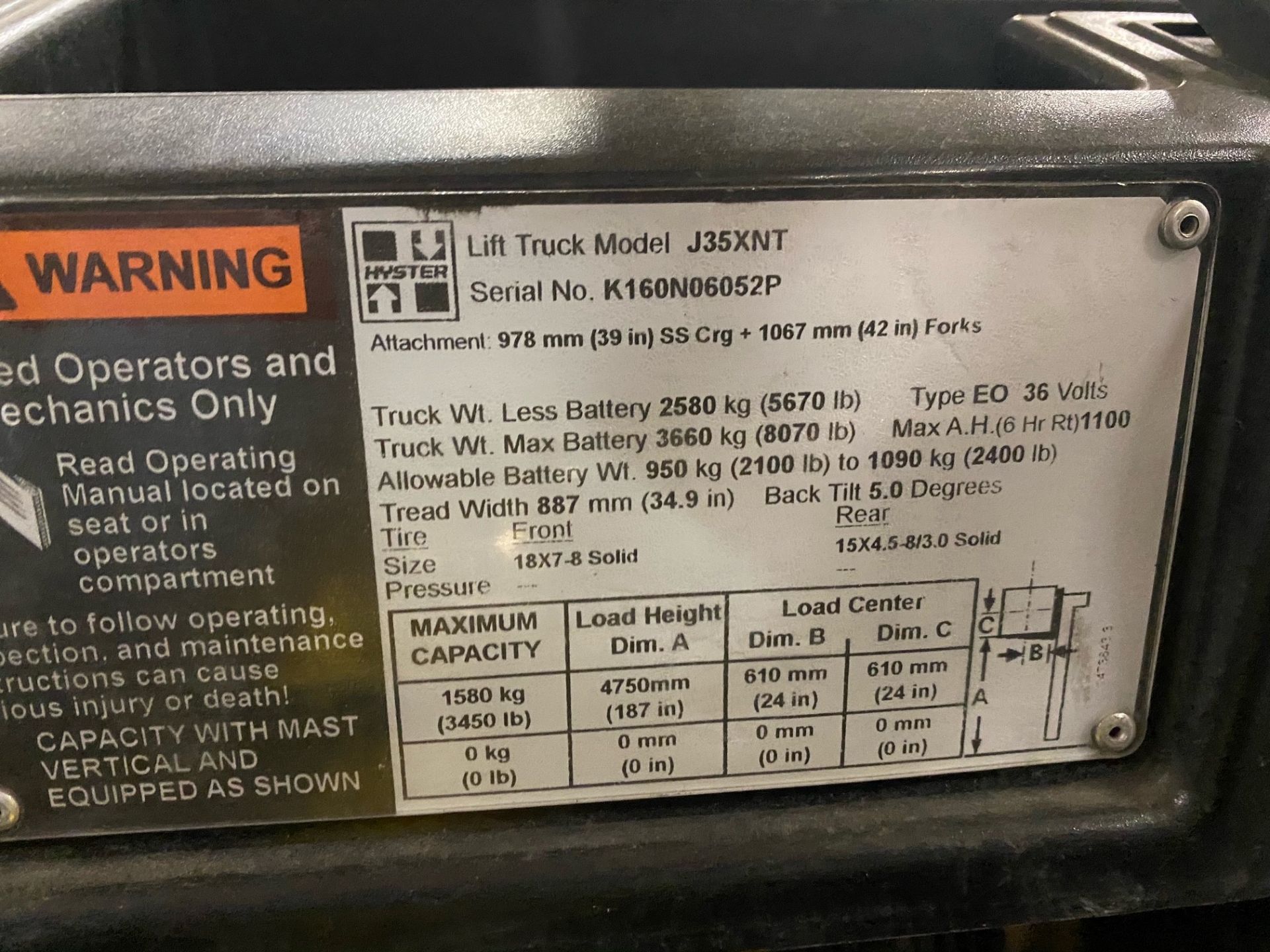 3,500 LB. HYSTER MODEL J35XNT ELECTRIC SIT DOWN TYPE LIFT TRUCK; S/N K160NJ060529, 82" 3-STAGE MAST - Image 8 of 9