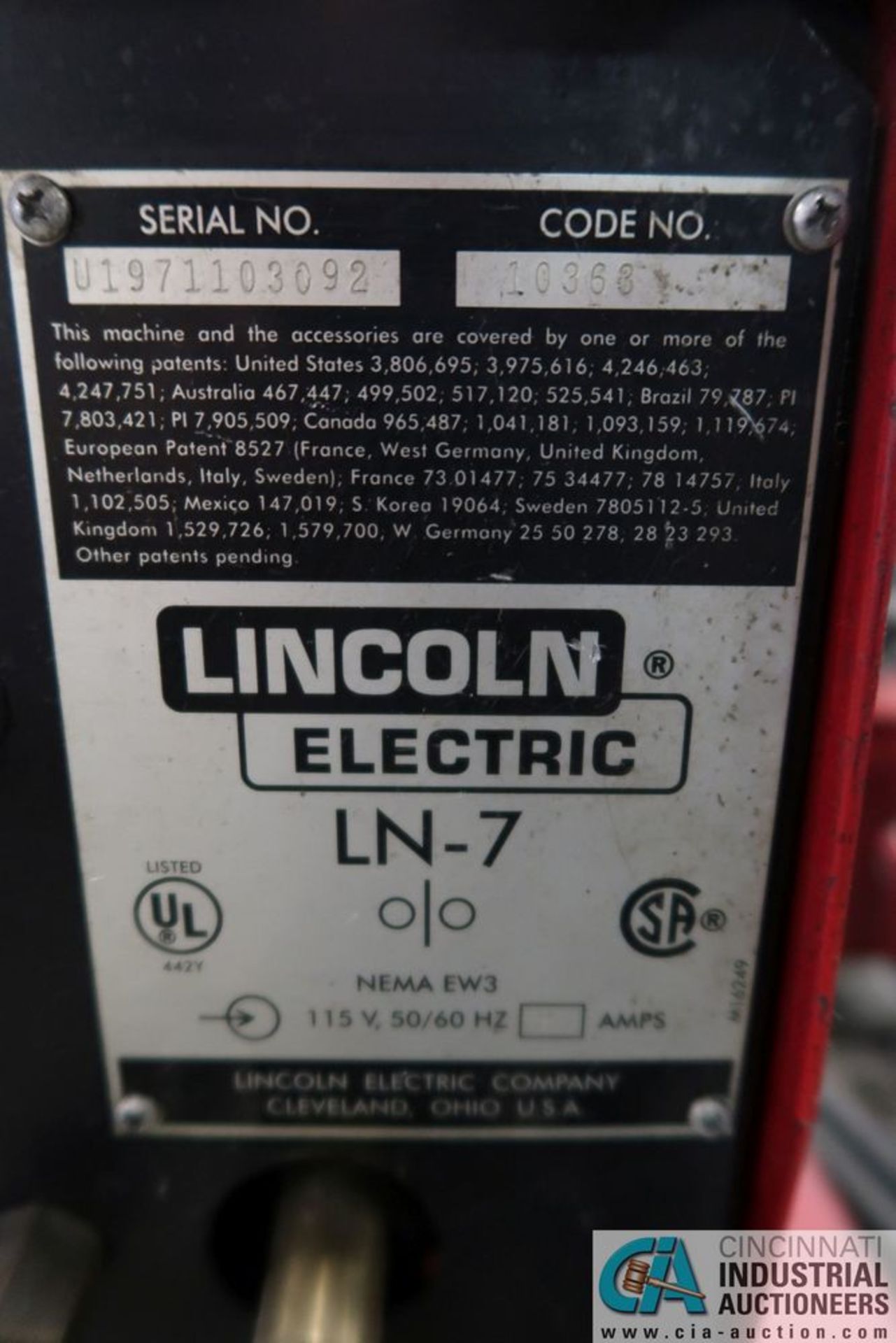 300 AMP LINCOLN CV-300 WELDER; S/N U1971010901, WITH LINCOLN LN-7 WIRE FEED - Image 7 of 7