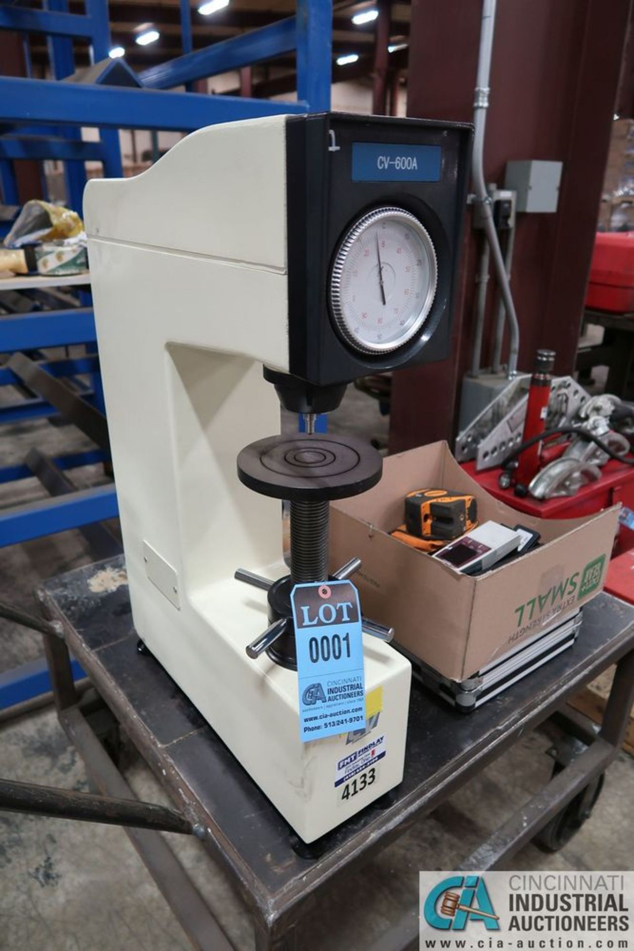 CV INSTRUMENTS MODEL CV-600A ROCKWELL HARDNESS TESTER; S/N 15227, WITH CASE AND EXTRA BLOCKS