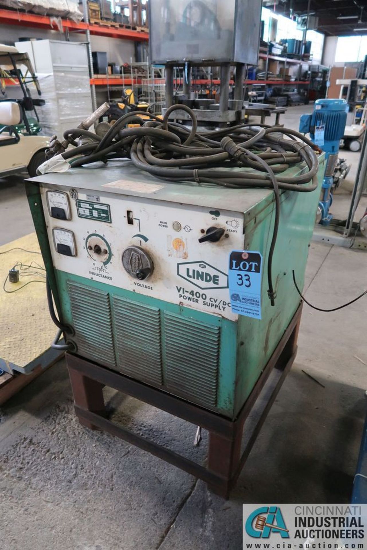 400 AMP LINDE MODEL V1400 CV-DC WELDING POWER SUPPLY; S/N D80D16993, WITH STAND, 3 PHASE, 230/460