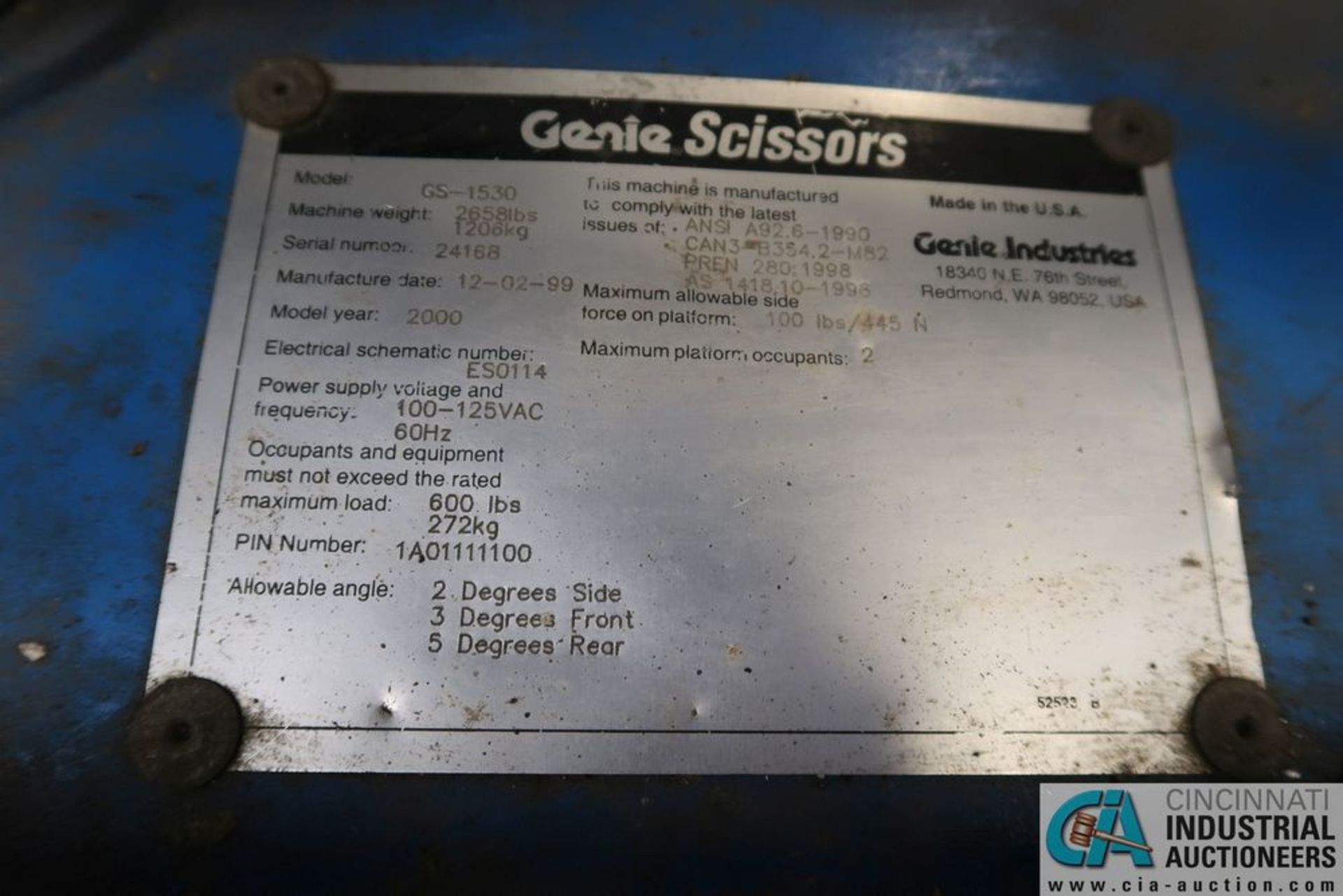 GENIE MODLE GS-1530 ELECTRIC SCISSOR LIFT; S/N 24168, 15' MAX HEIGHT, 500 LB. MAX WEIGHT, 64" - 101" - Image 7 of 7