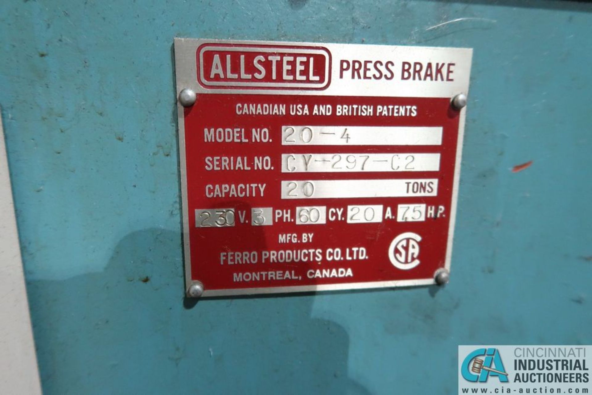 20 TON X 48" CLAUSING ALLSTEEL MODEL 20-4 HYDRAULIC PRESS BRAKE; S/N CY-297-C2, BACK GAUGE, - Image 7 of 7