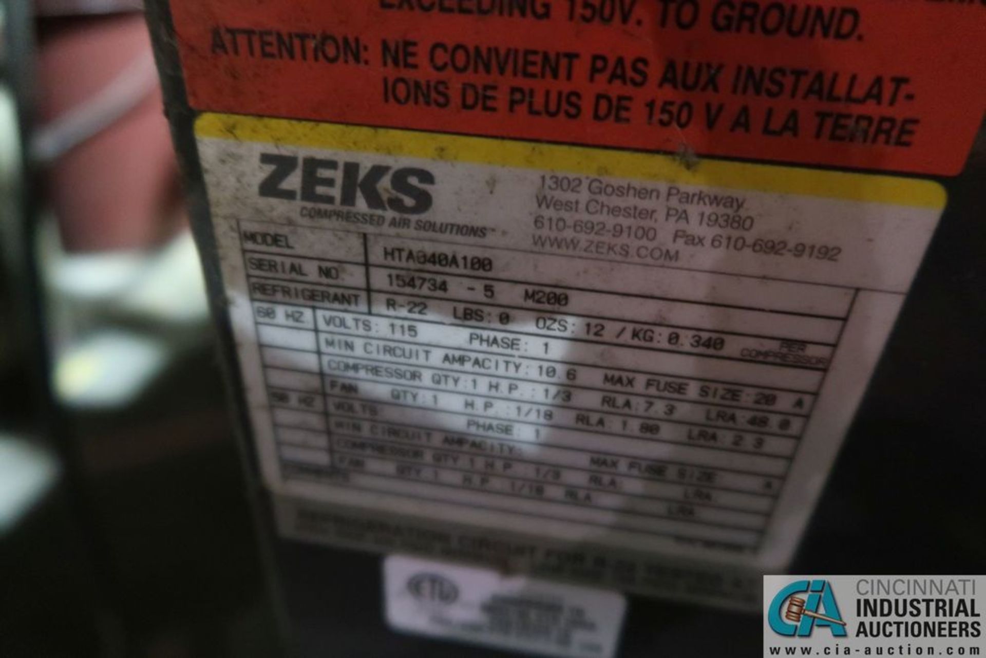 ****ZEKS MODEL HTA40A100 AIR DRYER; S/N 154734 LOADING FEE DUE THE “ERRA” GRINDER ENG. $25.00, Delay - Image 6 of 6