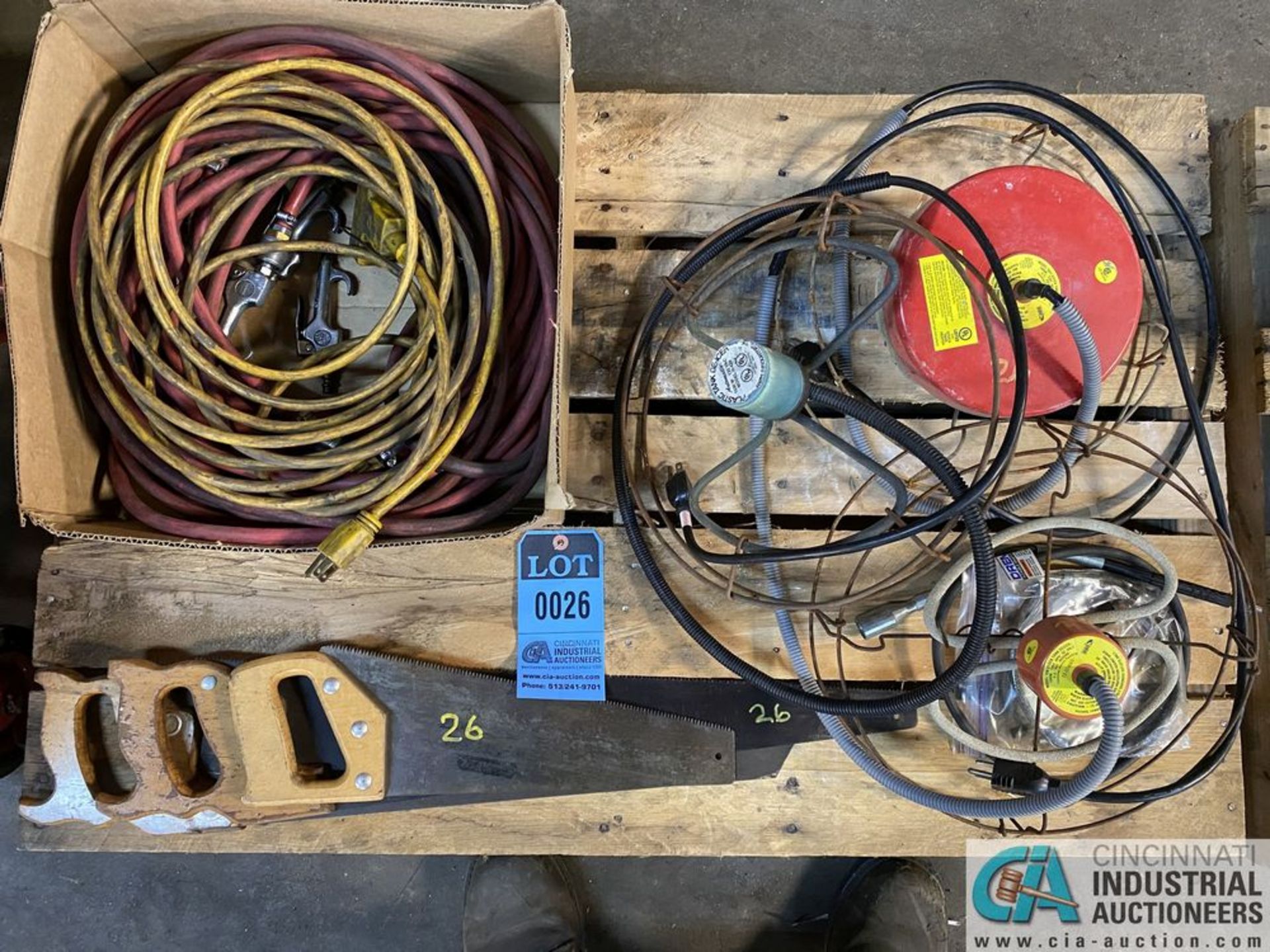 (LOT) ELECTRIC CORDS, HAND SAWS, TANK AND HEATERS