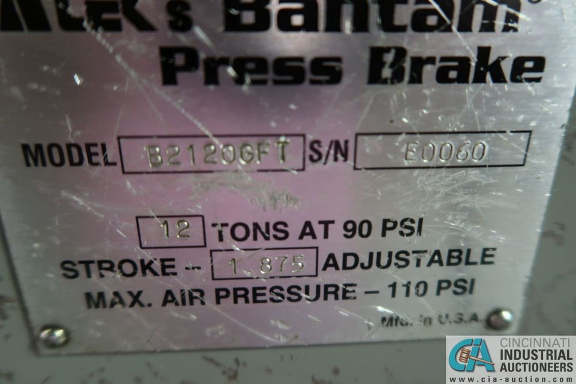 12 TON ATEK BANTAM MODEL B2120GFT PNEUMATIC PRESS BRAKE; S/N 0060, 24" BED, 1.875" RAM ADJUSTMENT, - Image 6 of 6