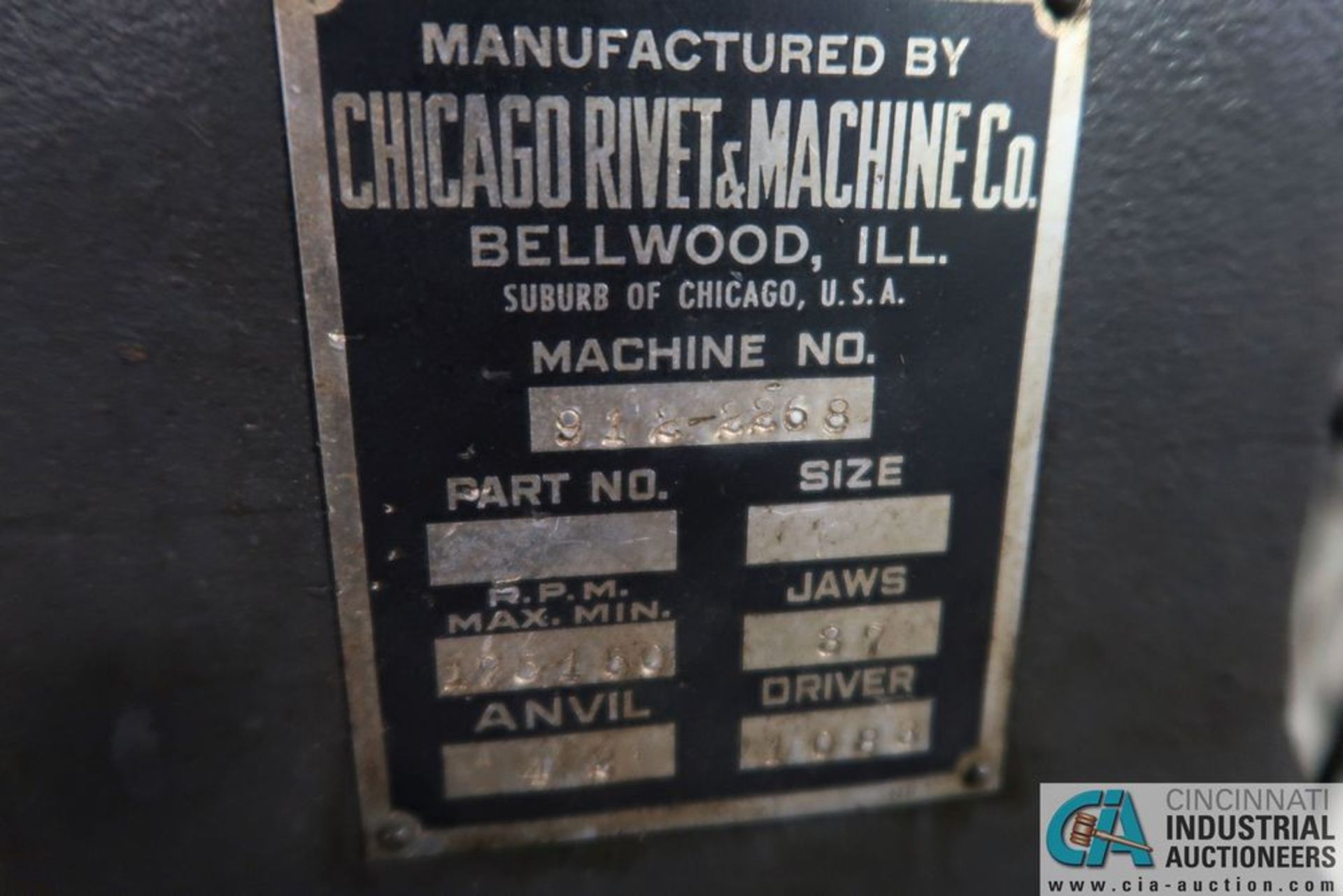 CHICAGO RIVET AND MACHINE CO. MACHINE NO. 912-2268 FOOT CONTROL RIVET MACHINE; S/N N/A, 12" - Image 3 of 3