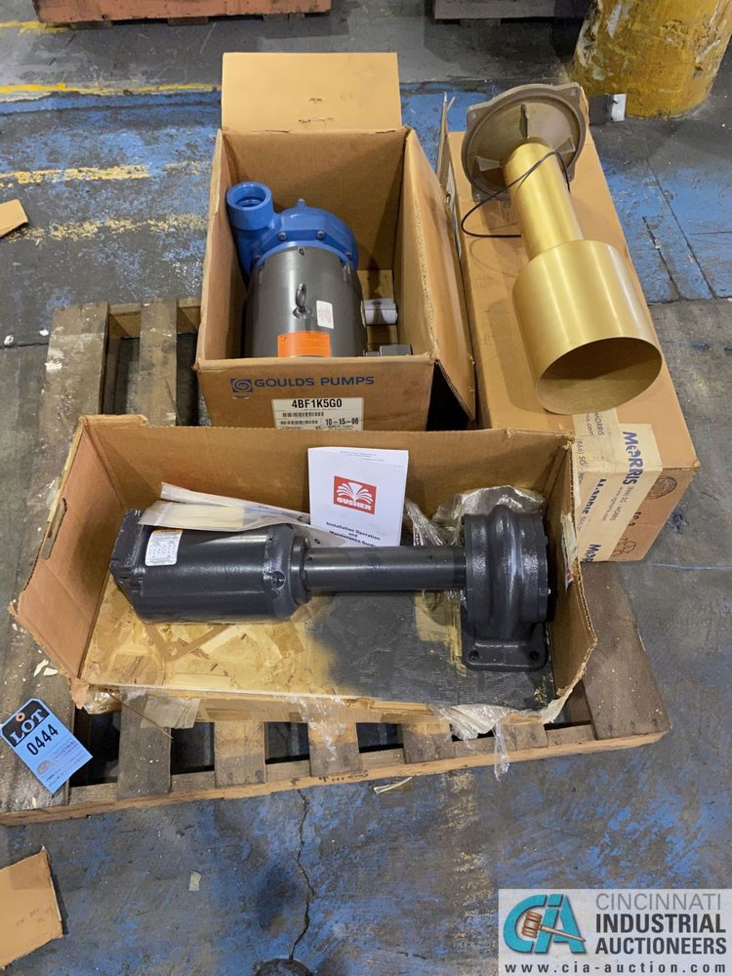 (LOT) ITEMS ON SKID; 7-1/2 HP BALDOR / GOULD WATER PUMP (NEW), (2) GUSHER 1/2 HP PUMPS (NEW) AND
