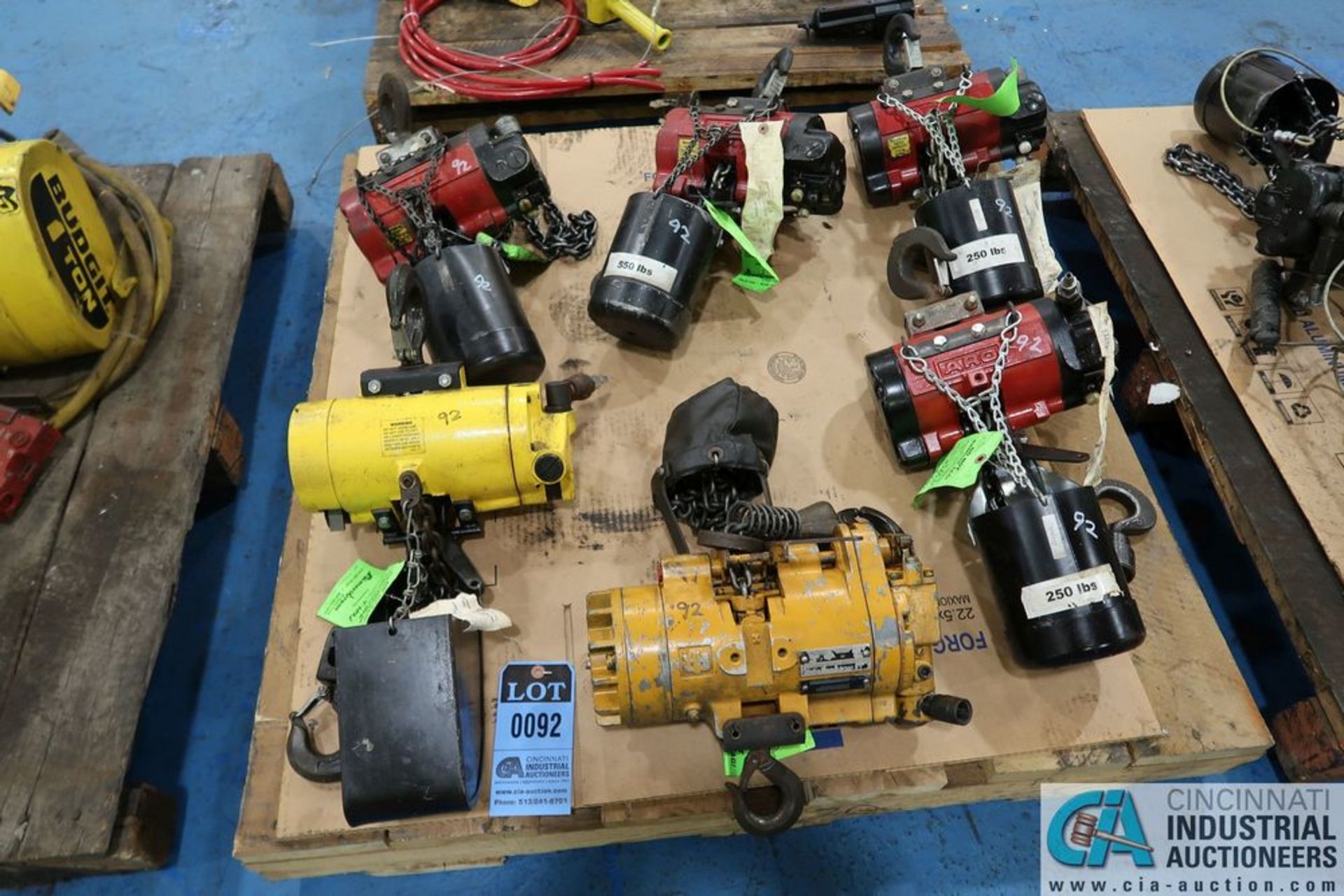 (LOT) (6) PNEUMATIC HOISTS ON SKID, 250 LB. ARO, 250 KG BUDGIT, 200 LB IR