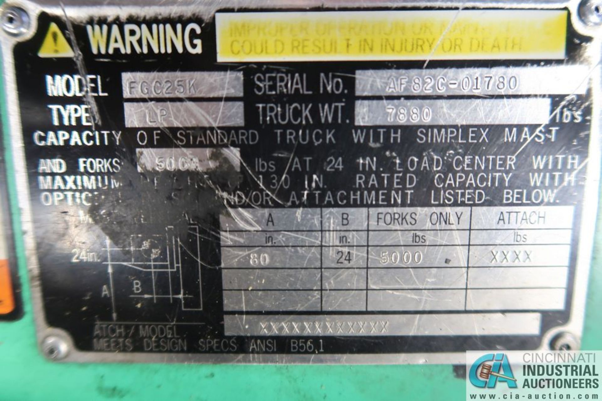 5,000 LB. MITSUBISHI MODEL FGC25K LP GAS FORKLIFT; S/N AF82C-01780, 60" LOWERED MAST HEIGHT, 80" MAX - Image 8 of 8