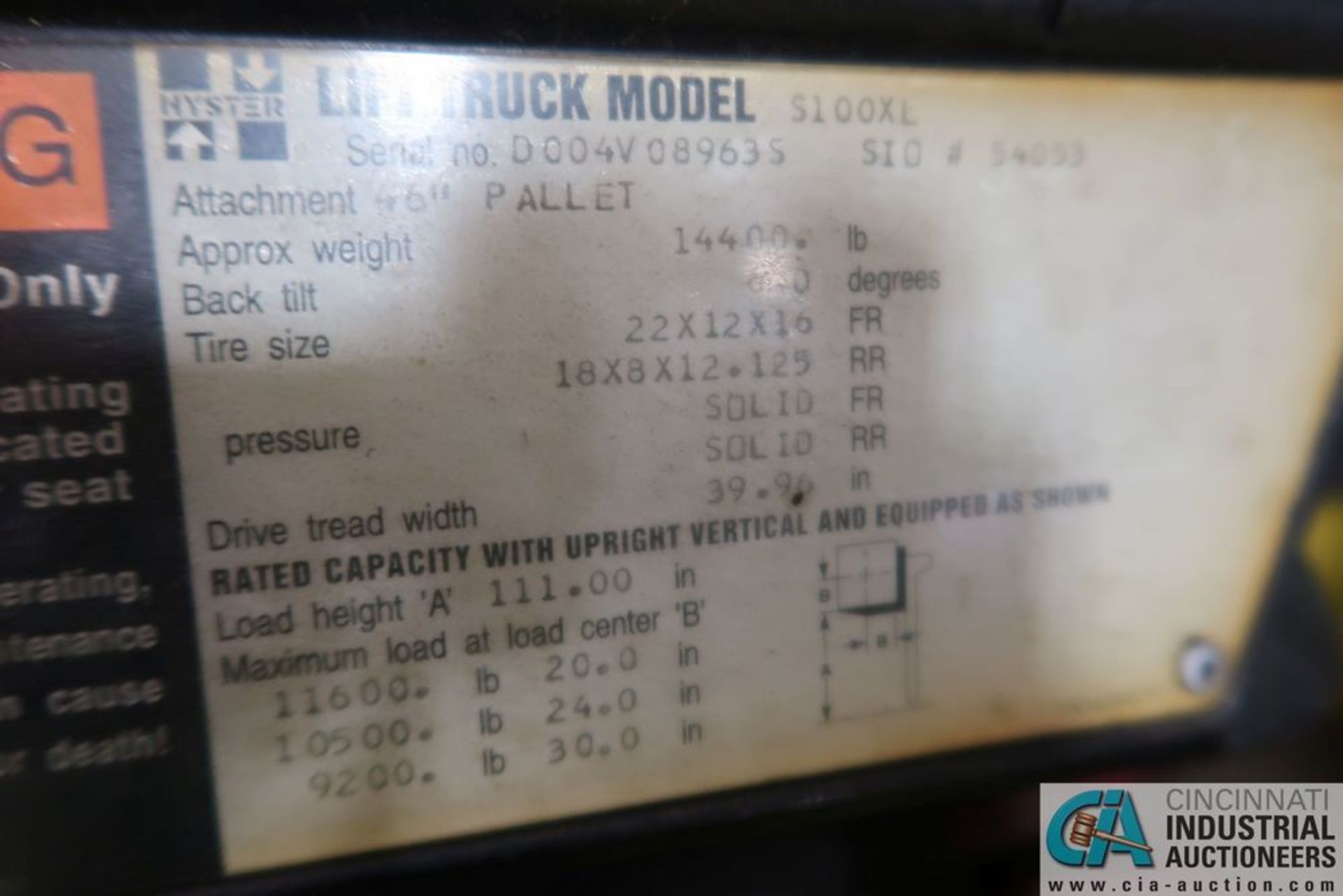 10,000 LB. HYSTER MODEL S100XL LP GAS FORKLIFT; S/N D004V08983S, 111" MAX. LIFT, 6,736 HOURS - Image 9 of 9