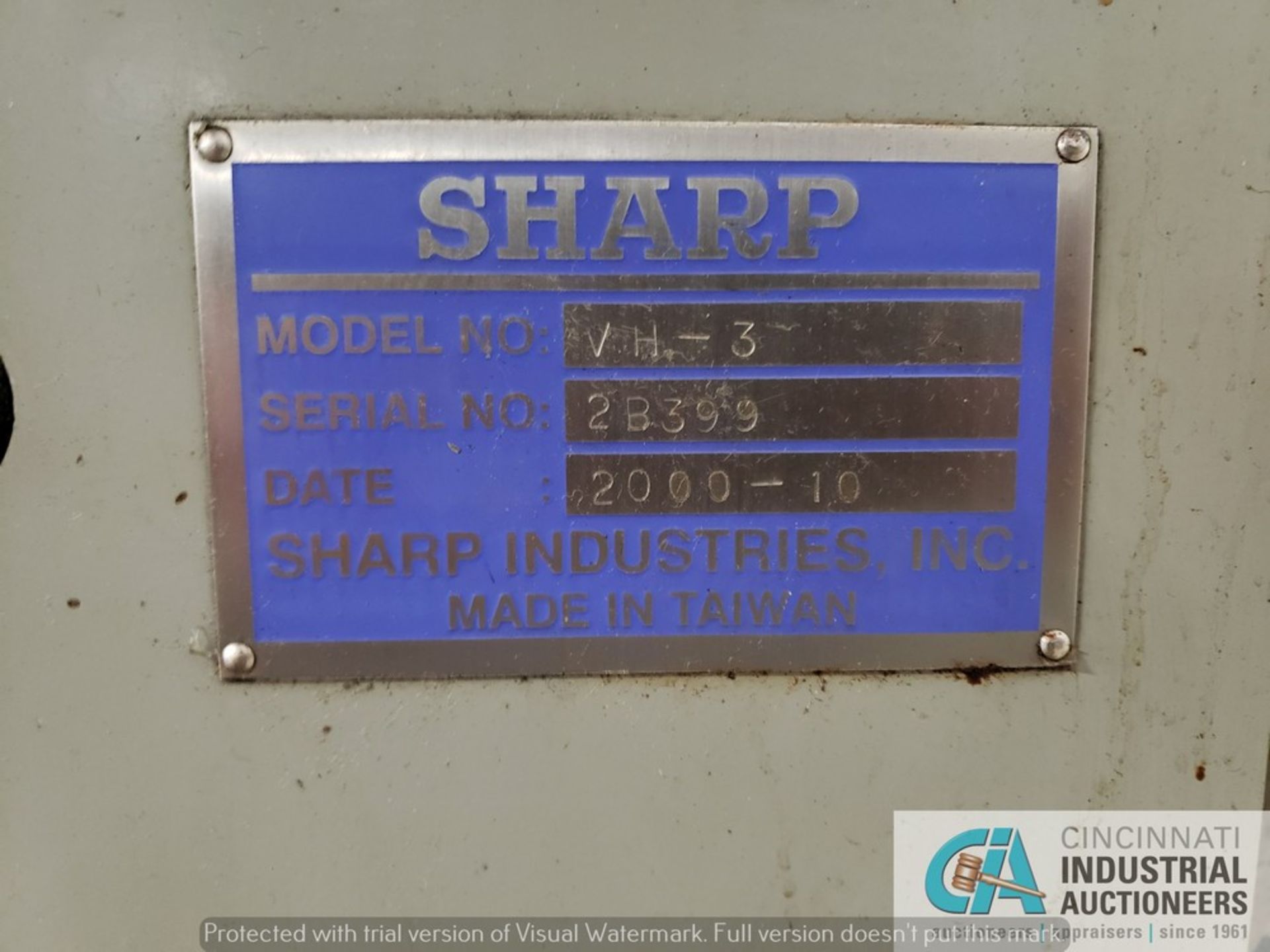 SHARPE MODEL VH3 VERTICAL MILLING MACHINE; S/N 2B399, 12" X 52" TABLE, SPINDLE SPEED 35-1,700 RPM, - Image 9 of 10
