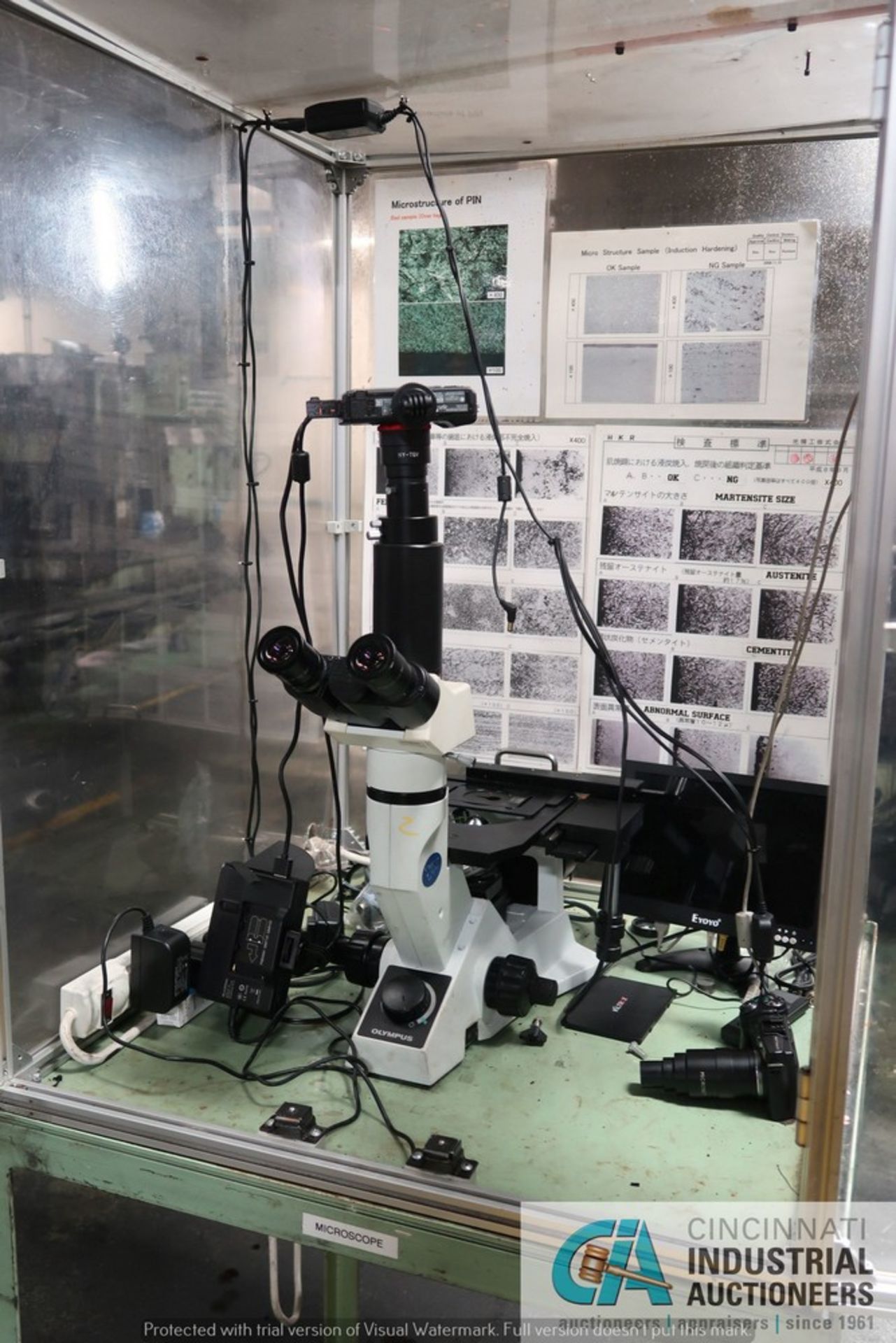 OLYMPUS MODEL GX41 INVERTED METALLURGICAL MICROSCOPE WITH (2) OLYMPUS CAMERAS AND VIEWING MONITOR