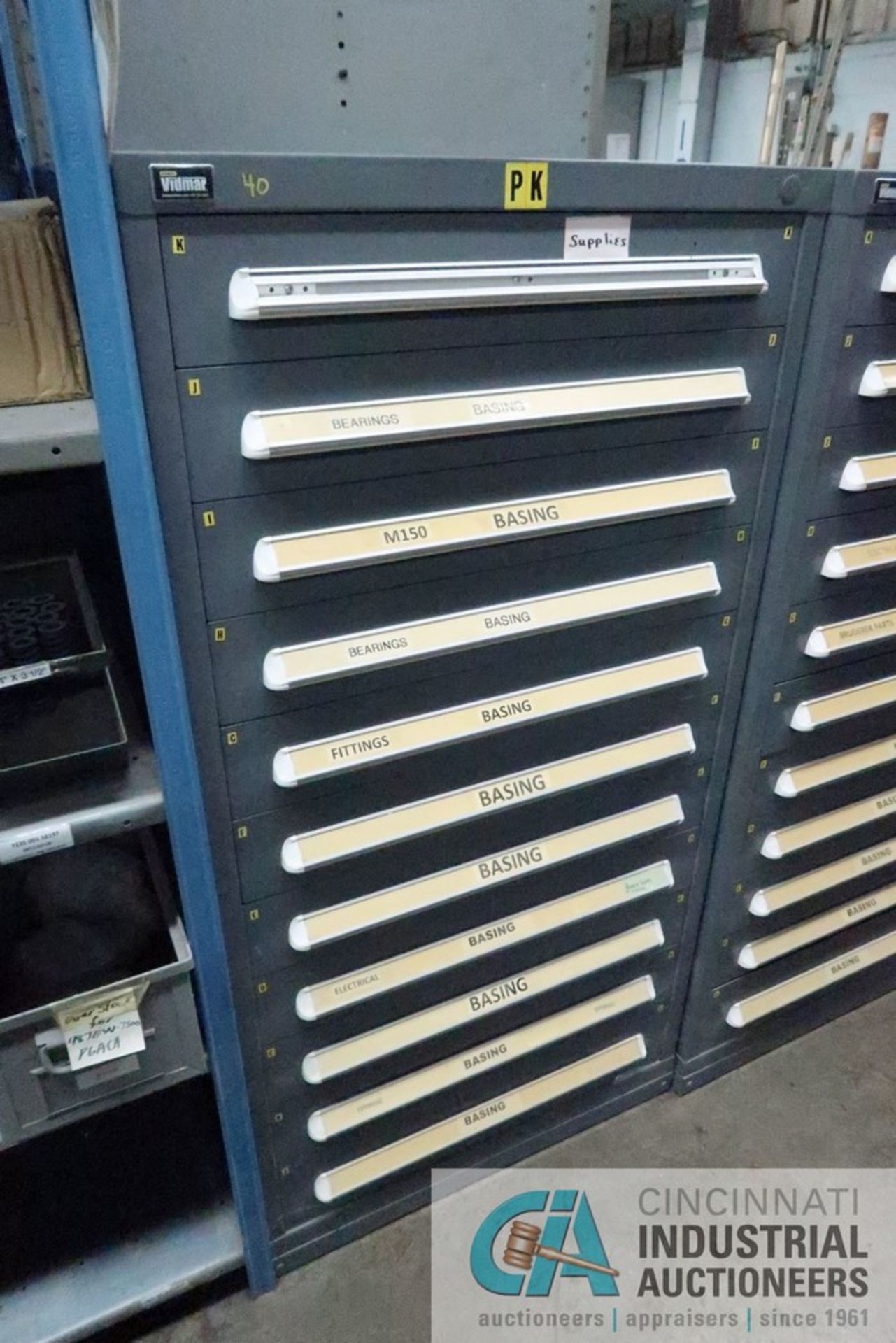 11-DRAWER VIDMAR CABINET WITH CONTENTS INCLUDING MISCELLANEOUS BASING BEARINGS, FITTINGS,