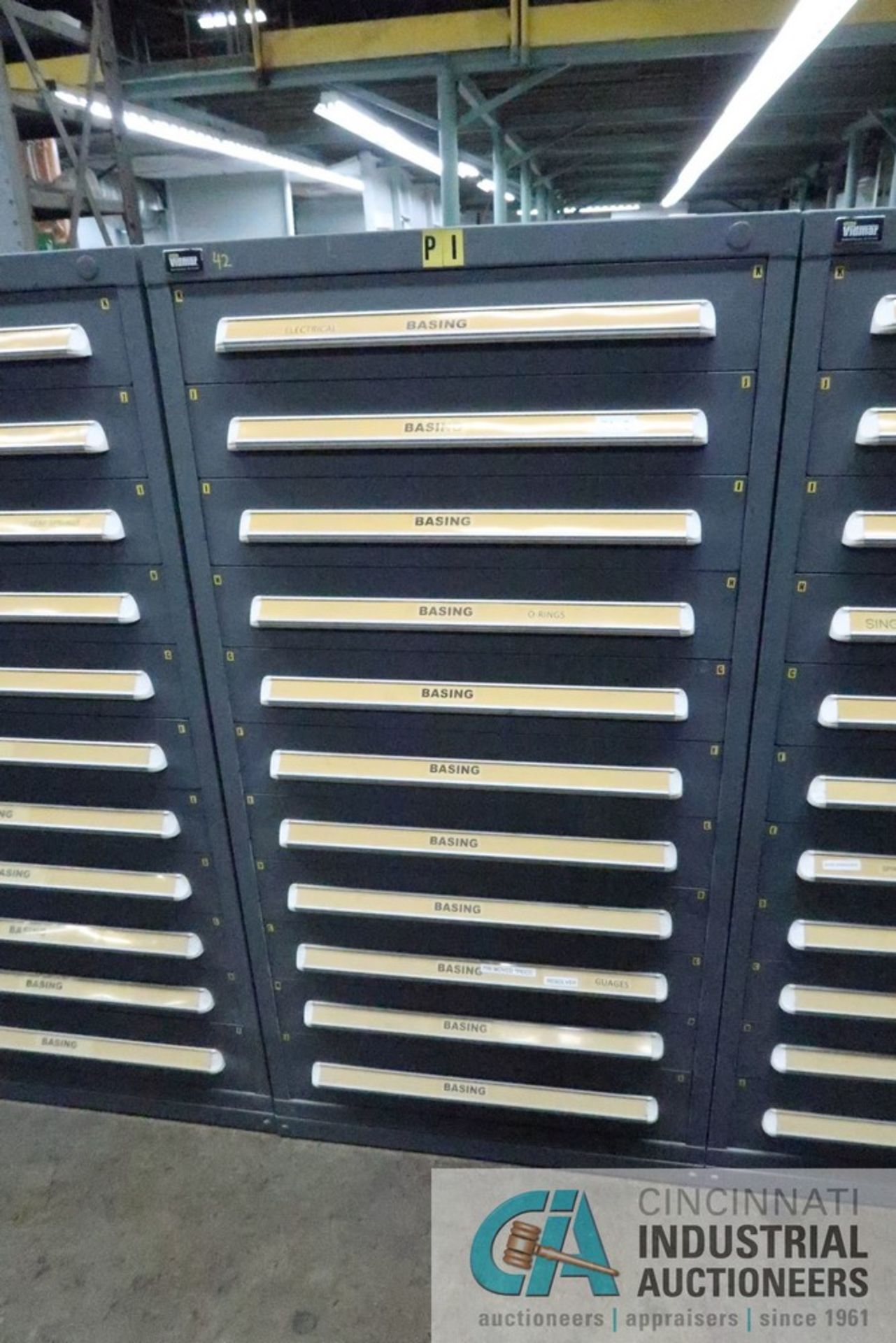 11-DRAWER VIDMAR CABINET WITH CONTENTS INCLUDING MISCELLANEOUS BASING ELECTRICAL, O-RINGS,