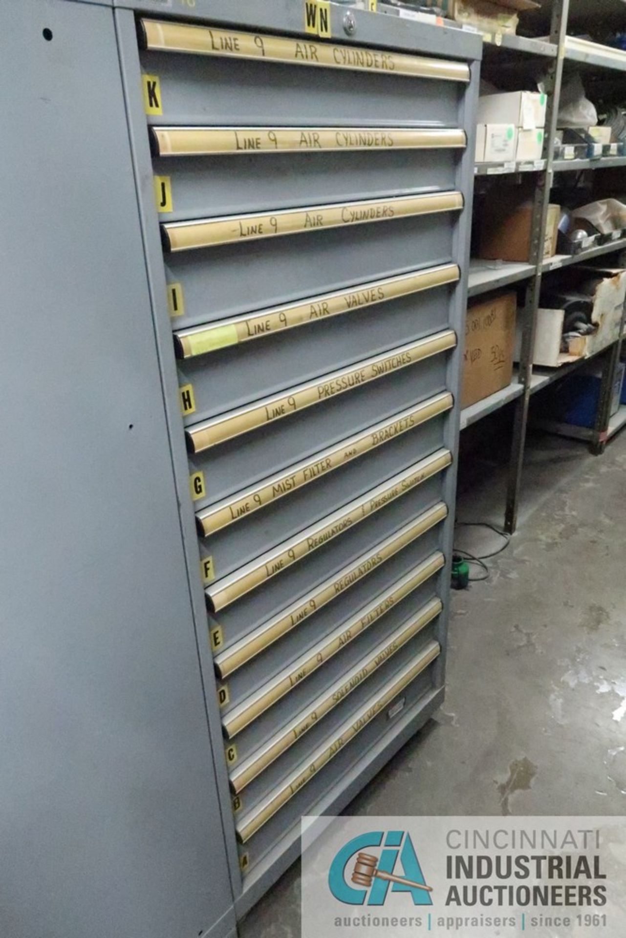 11-DRAWER LISTA CABINET WITH CONTENTS INCLUDING MISCELLANEOUS AIR CYLINDERS, VALVES, SWITCHES,