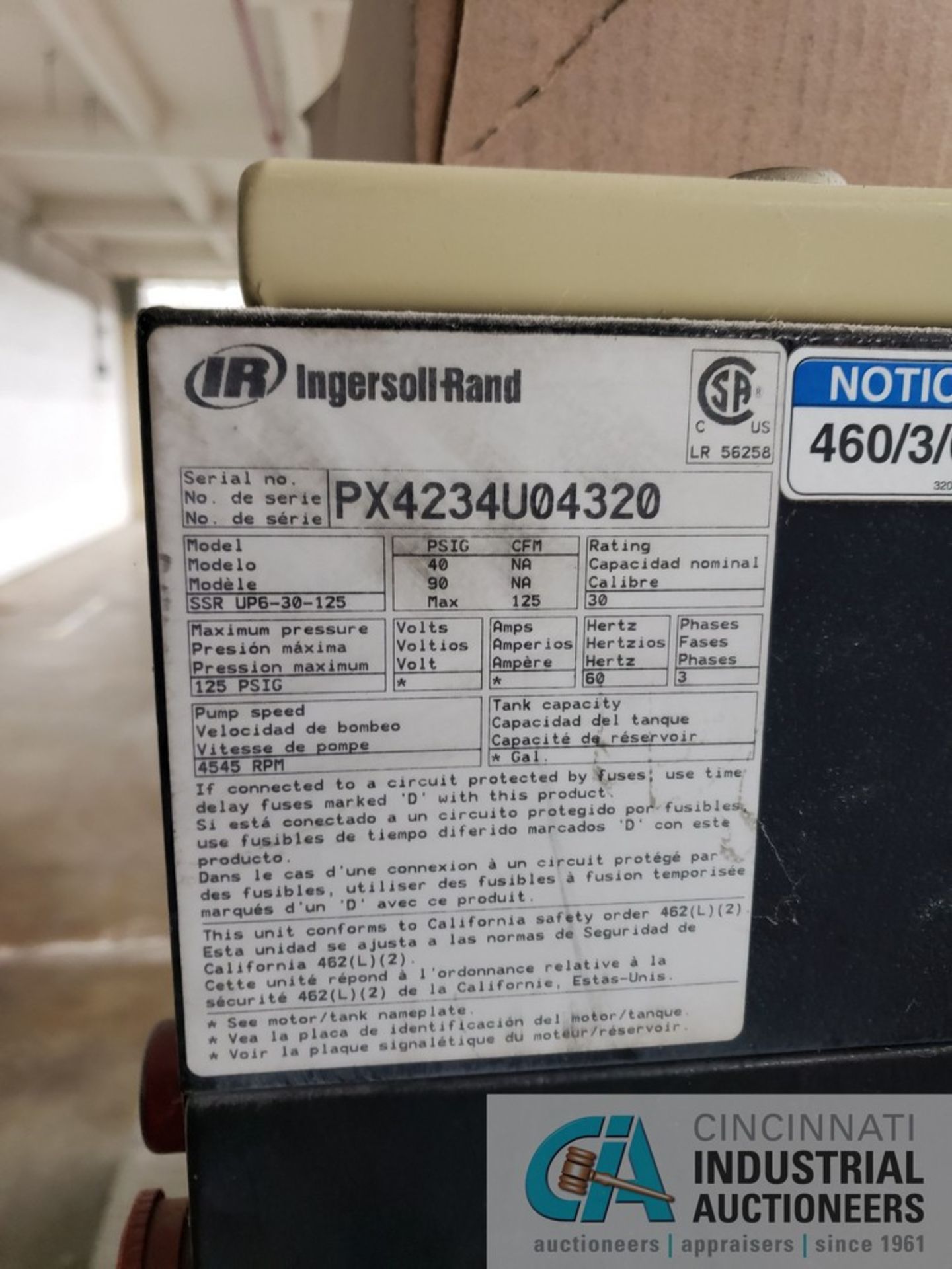 30-HP INGERSOLL RAND UP6-30-125 AIR COMPRESSOR; S/N PA42300432D, 265 HOURS SHOWING ON ANALOG METER - Image 4 of 4