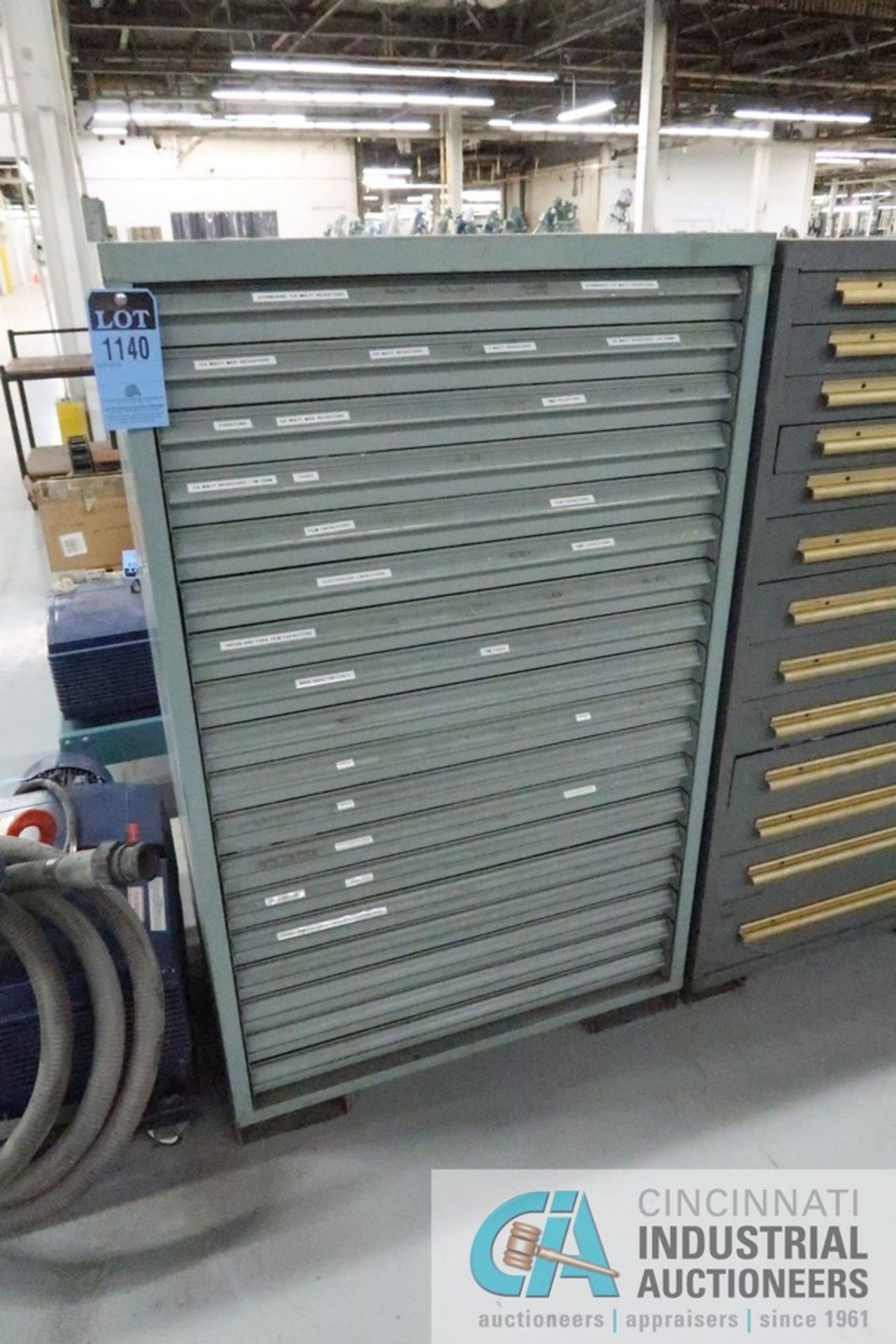 EIGHTEEN DRAWER VIDMAR STYLE CABINET AND CONTENTS LOADED WITH RESISTORS, CAPACITORS, COILS,