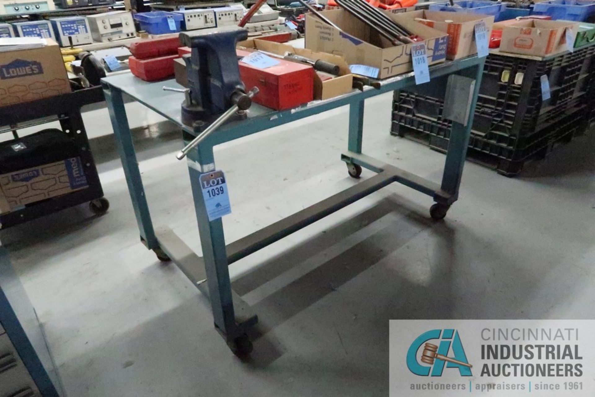 ****35" X 65" X 40-1/2" HIGH HEAVY DUTY PORTABLE WELDED STEEL BENCH WITH 6-1/2" VOST MOUNTED