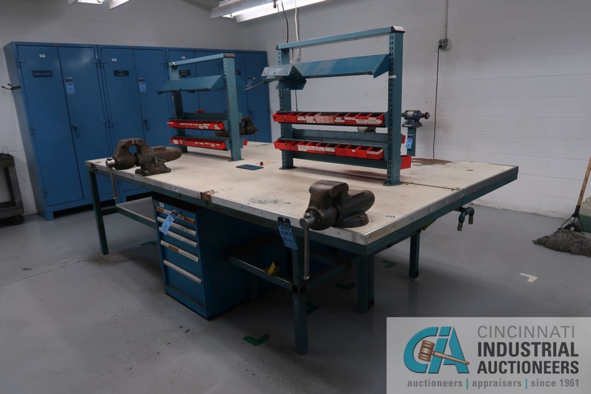 32" X 120" X 35" HIGH WELDED STEEL FRAME LAMINATED TOP WORKBENCHES WITH (2) WILTON BENCH VISE PER - Image 2 of 7