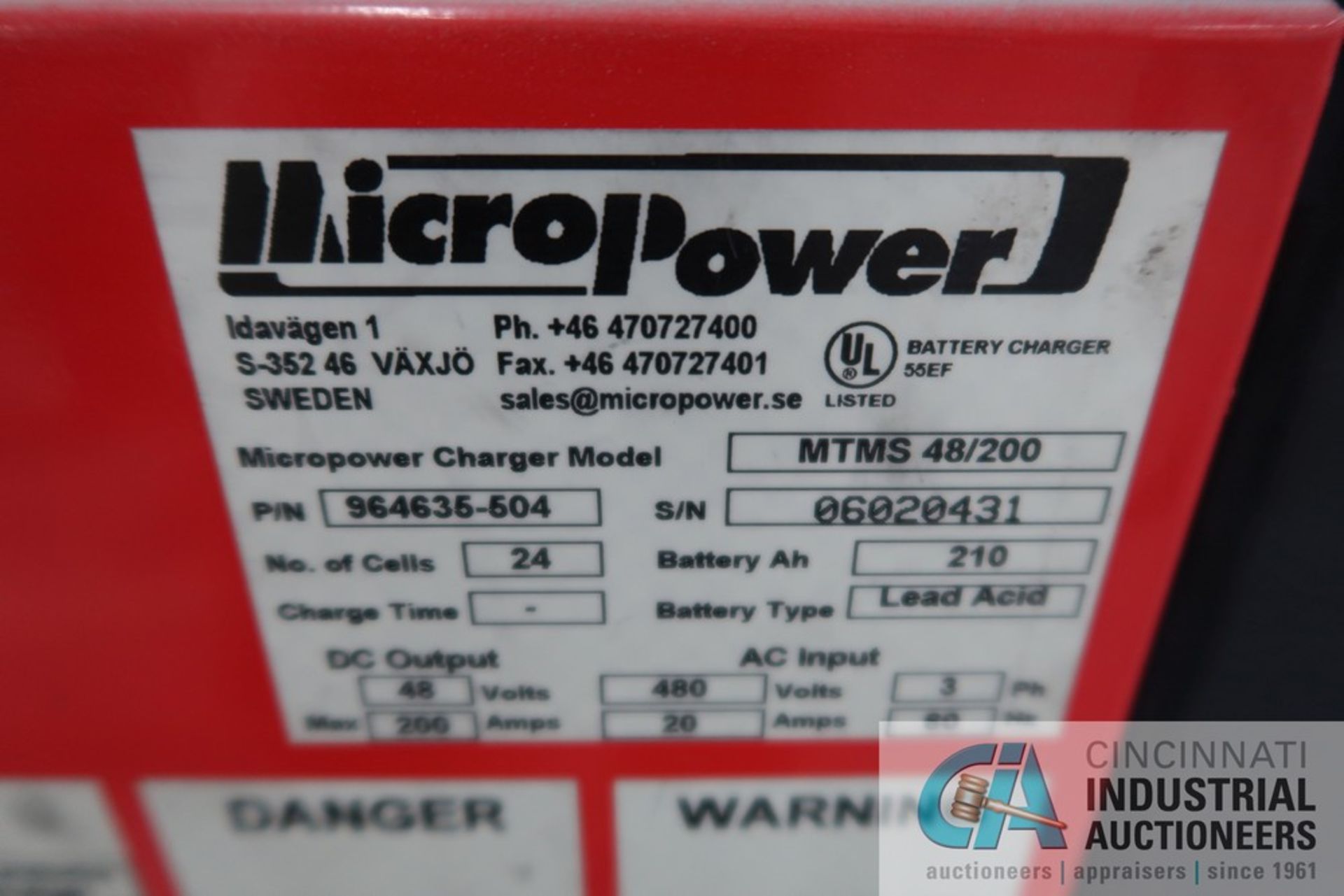 48 VOLT MICRO POWER MODEL MTMS 48/200 BATTERY CHARGER; S/N 06020431, 3 PHASE, 220 AMP, 60 HZ - Image 4 of 4