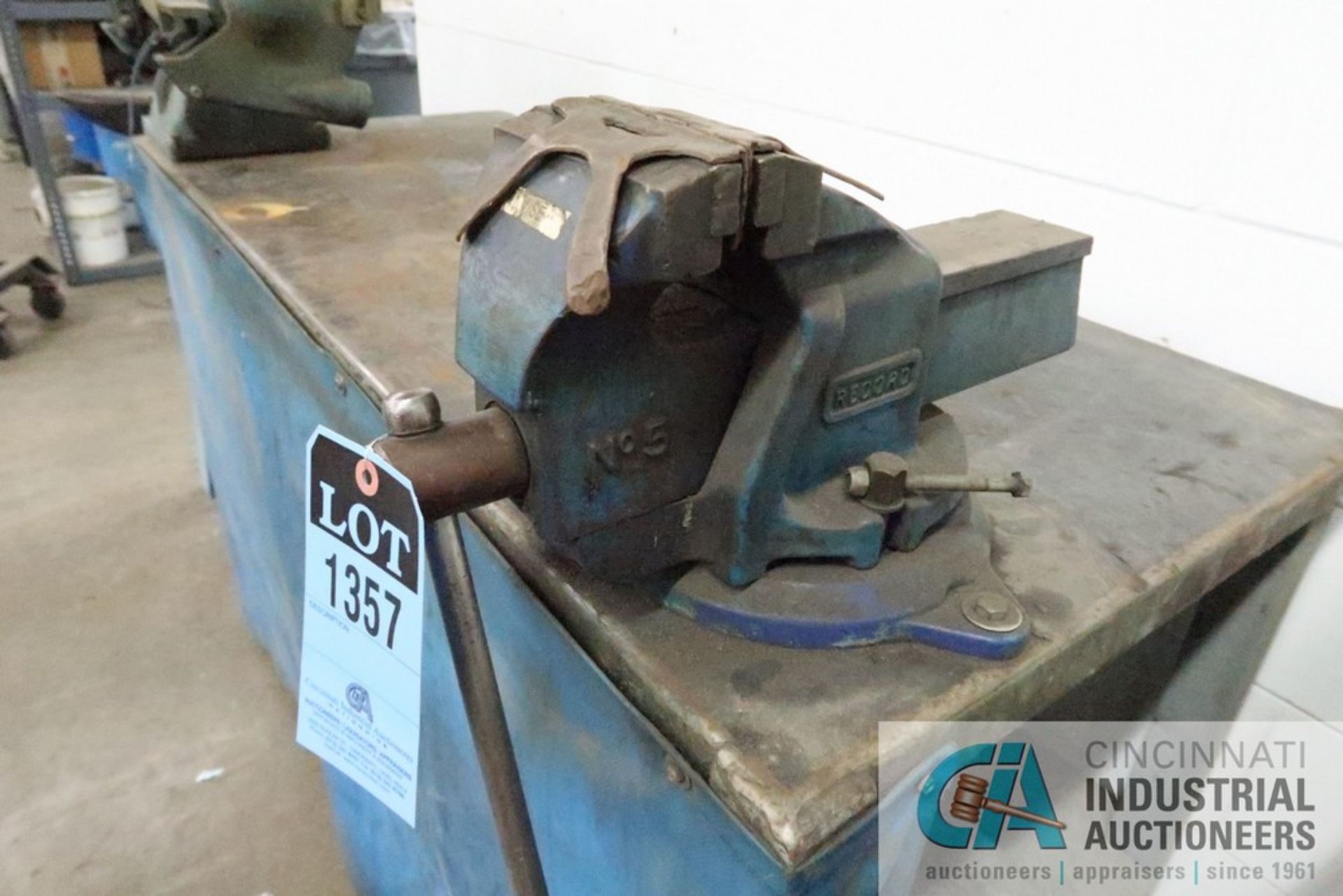 ****23-1/2" X 57-1/2" X 36" HIGH HEAVY DUTY STEEL TABLE WITH 5" RECORD BENCH VISE **DELAY - Image 2 of 2