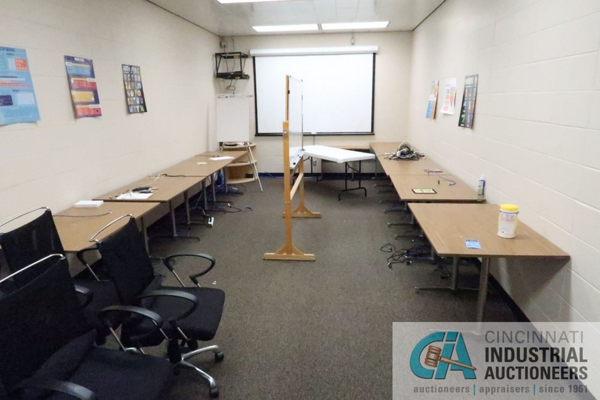 (LOT) (9) 48" TABLES, 6' FOLDING TABLE, BOOKSHELF, (10) CHAIRS, CHALK/DRY BOARD, PROJECTOR SCREEN