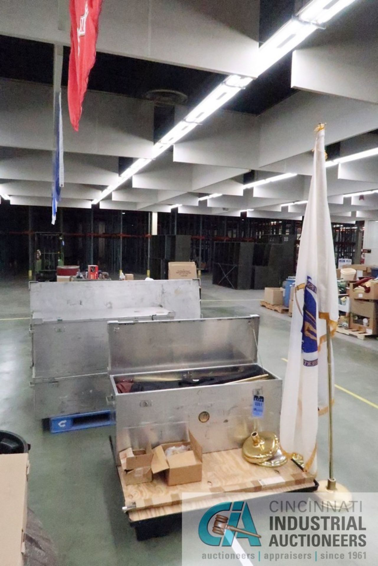 (LOT) (50) STATE FLAGS, STANDS, POLES, PACKING CONTAINERS, ON (2) SKIDS
