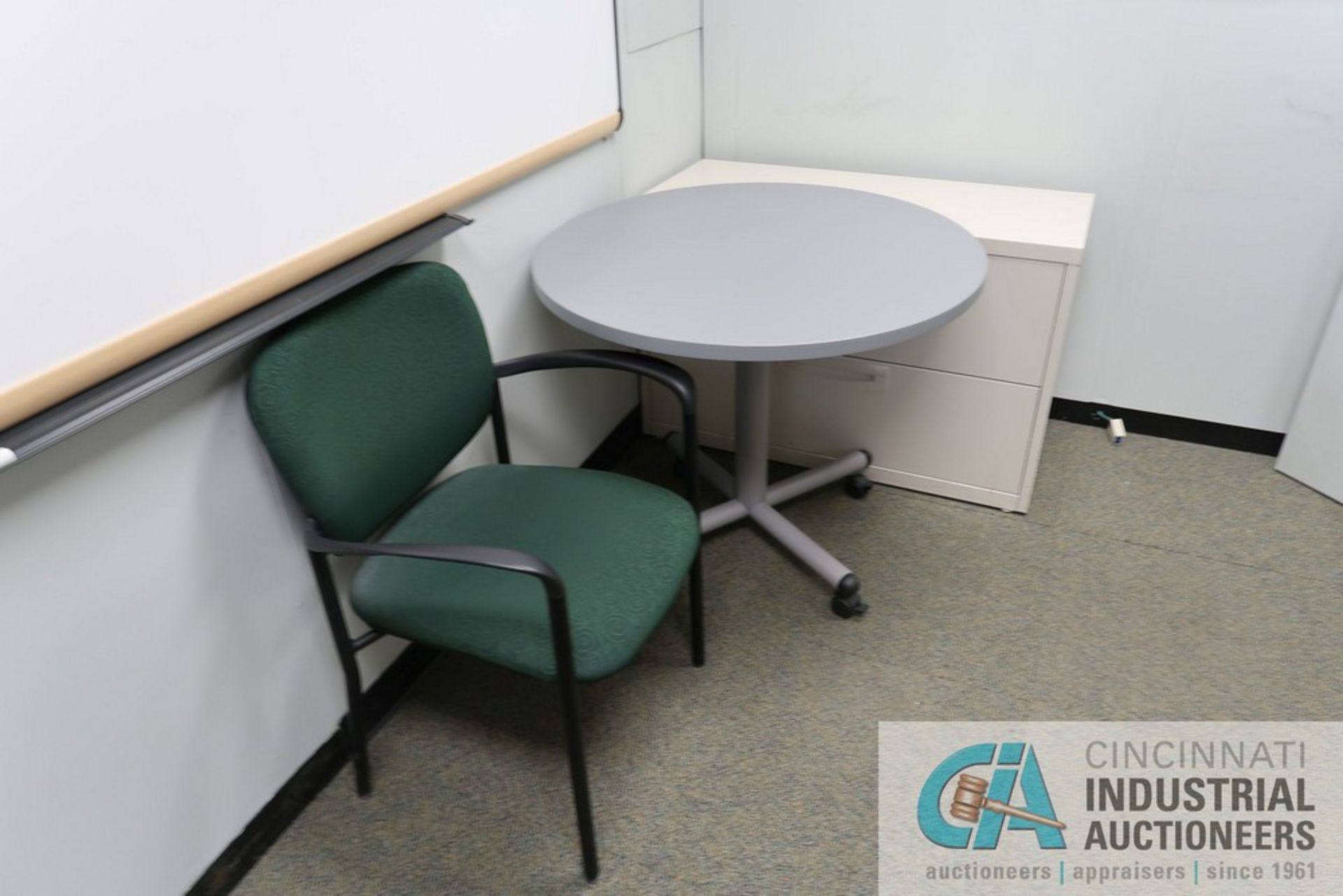 (LOT) CONTENTS OF OFFICE L-SHAPED DESK, 3' DIAMETER TABLE, 2-DRAWER CABINET - Image 3 of 3