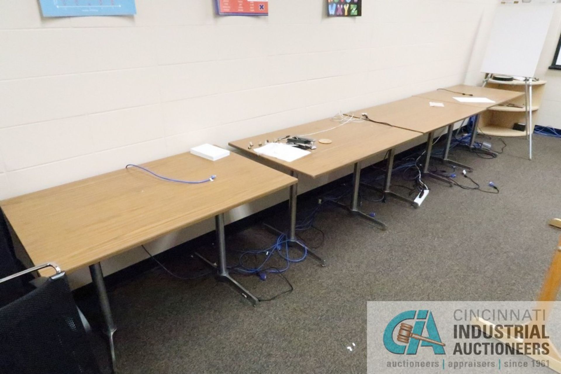 (LOT) (9) 48" TABLES, 6' FOLDING TABLE, BOOKSHELF, (10) CHAIRS, CHALK/DRY BOARD, PROJECTOR SCREEN - Image 2 of 6