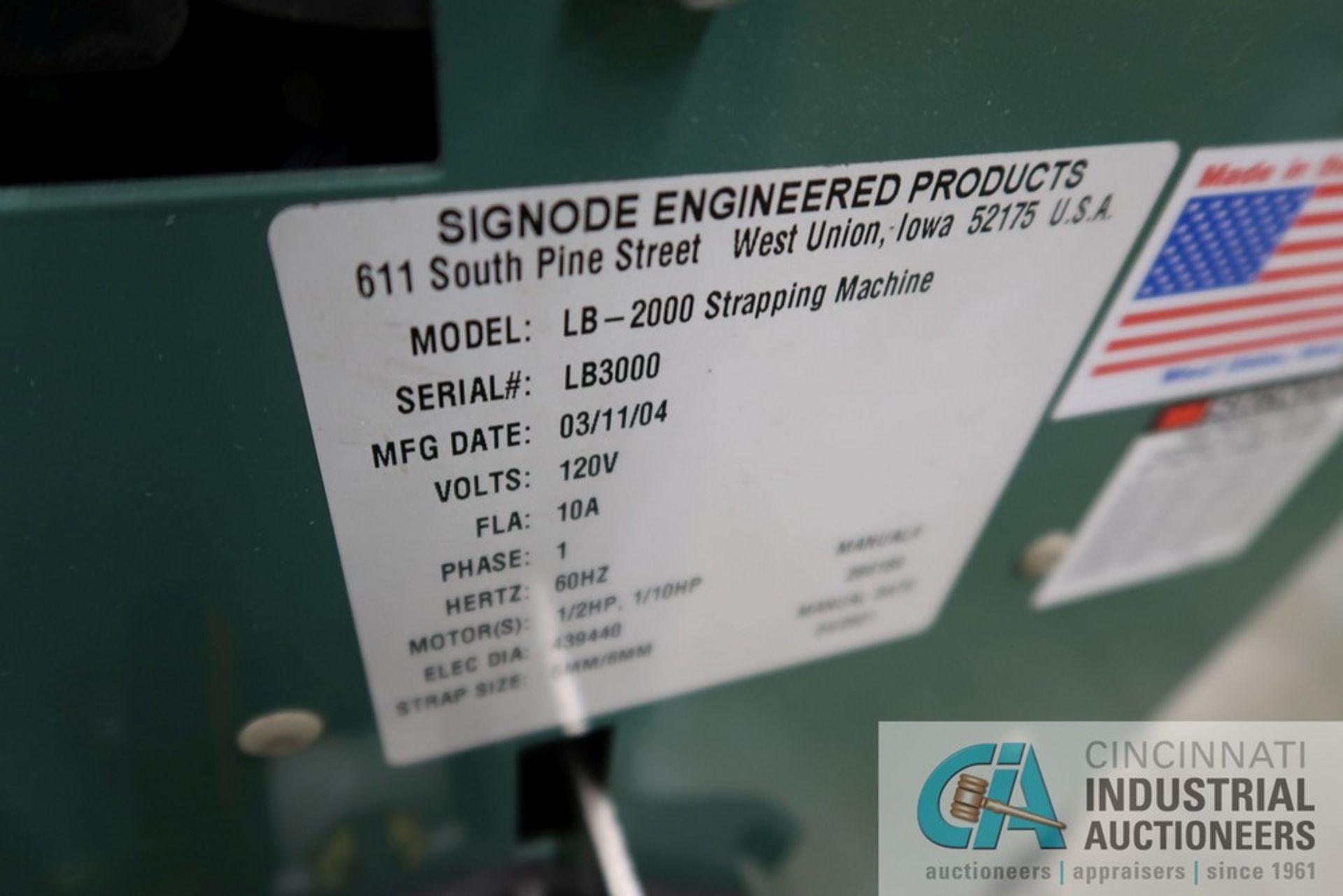 SIGNODE MODEL LB-2000 AUTOMATIC STRAPPER; S/N LB3000 26"W X 17"H CAP - Image 4 of 4
