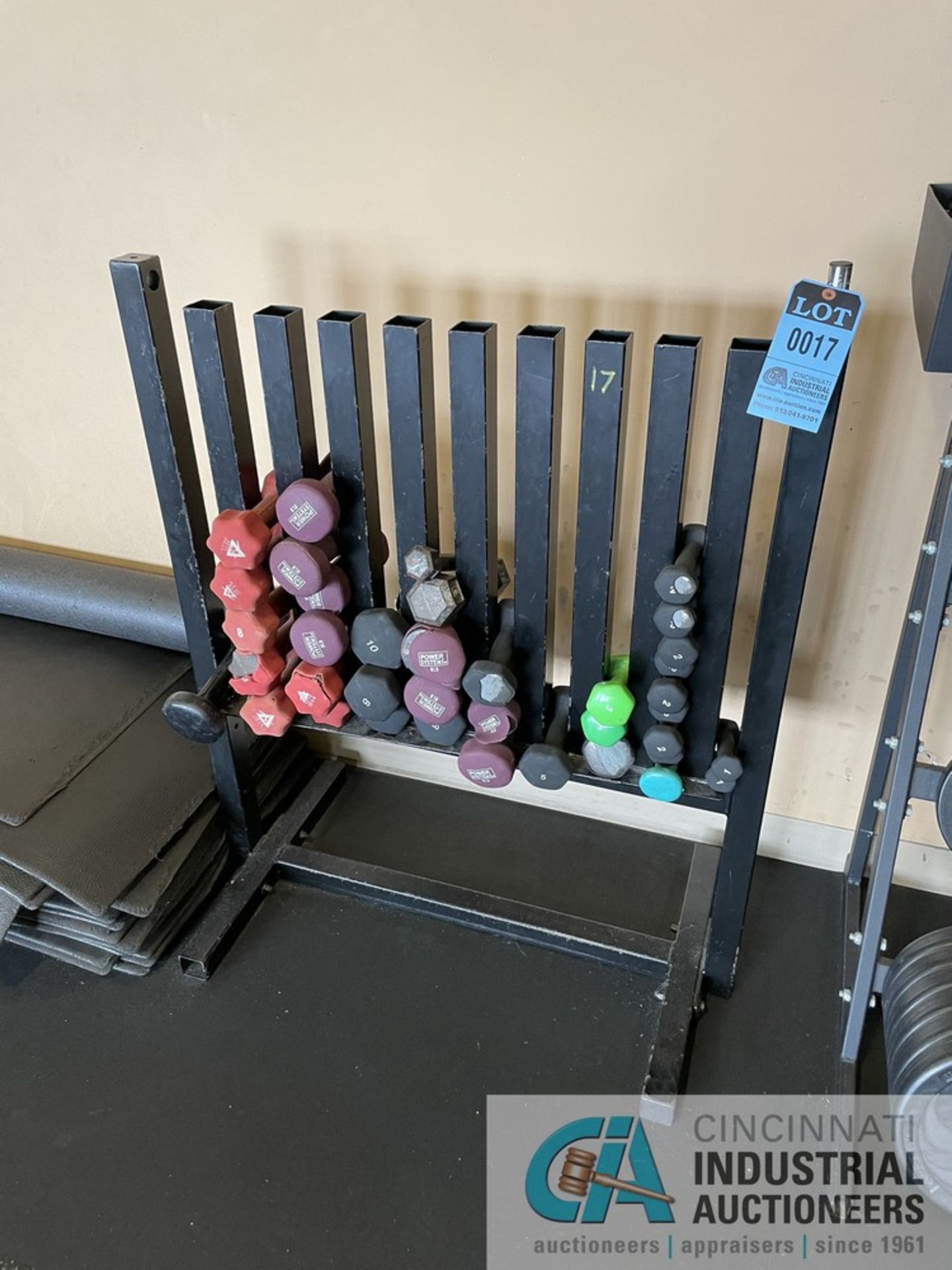 10-SLOT FREE WEIGHT RACK WITH FREE WEIGHTS **ATTN: This lot is located on the second floor.