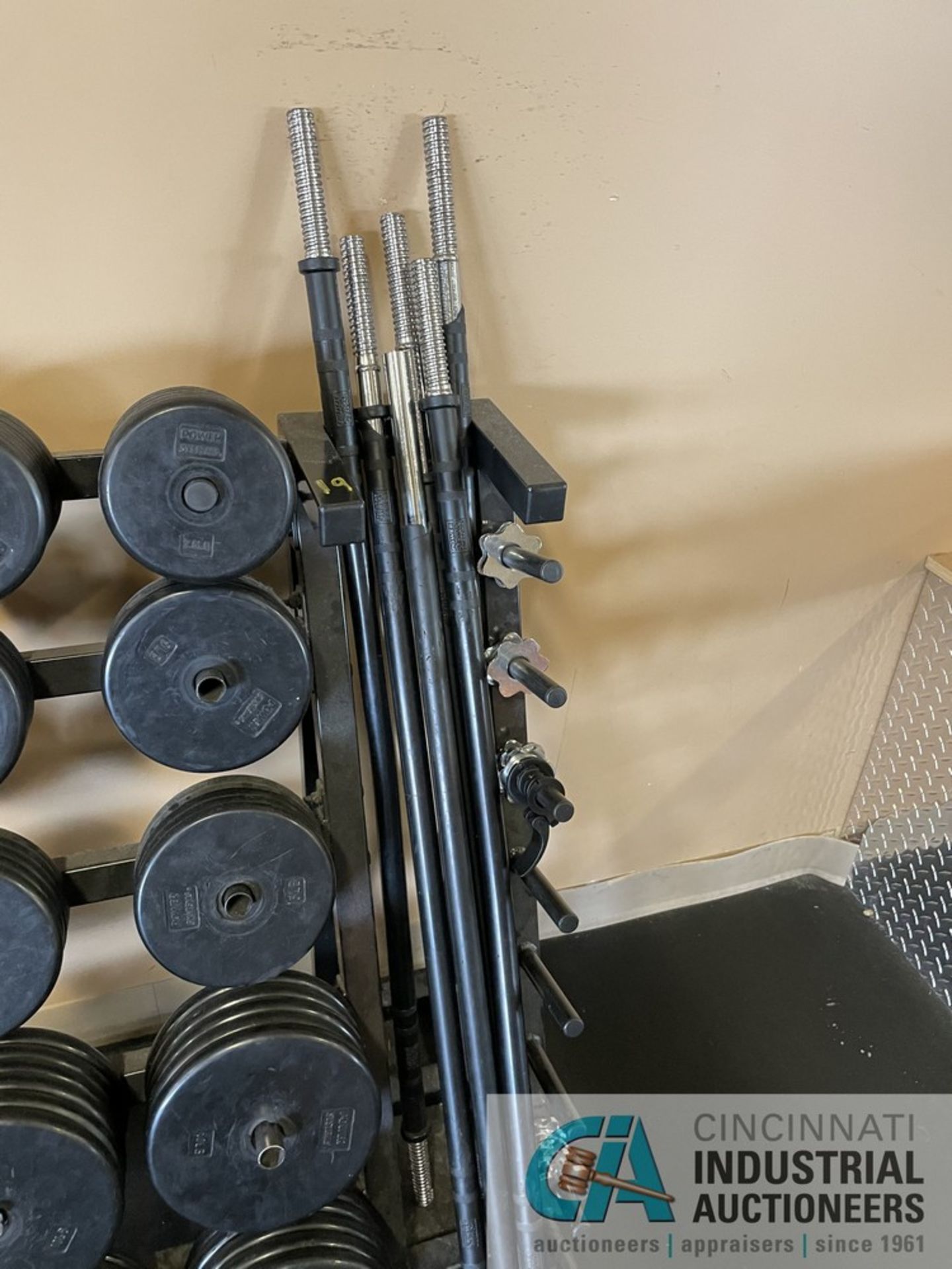 RACK WITH STRAIGHT BARS AND MISCELLANEOUS PLATED WEIGHTS **ATTN: This lot is located on the second - Image 5 of 11