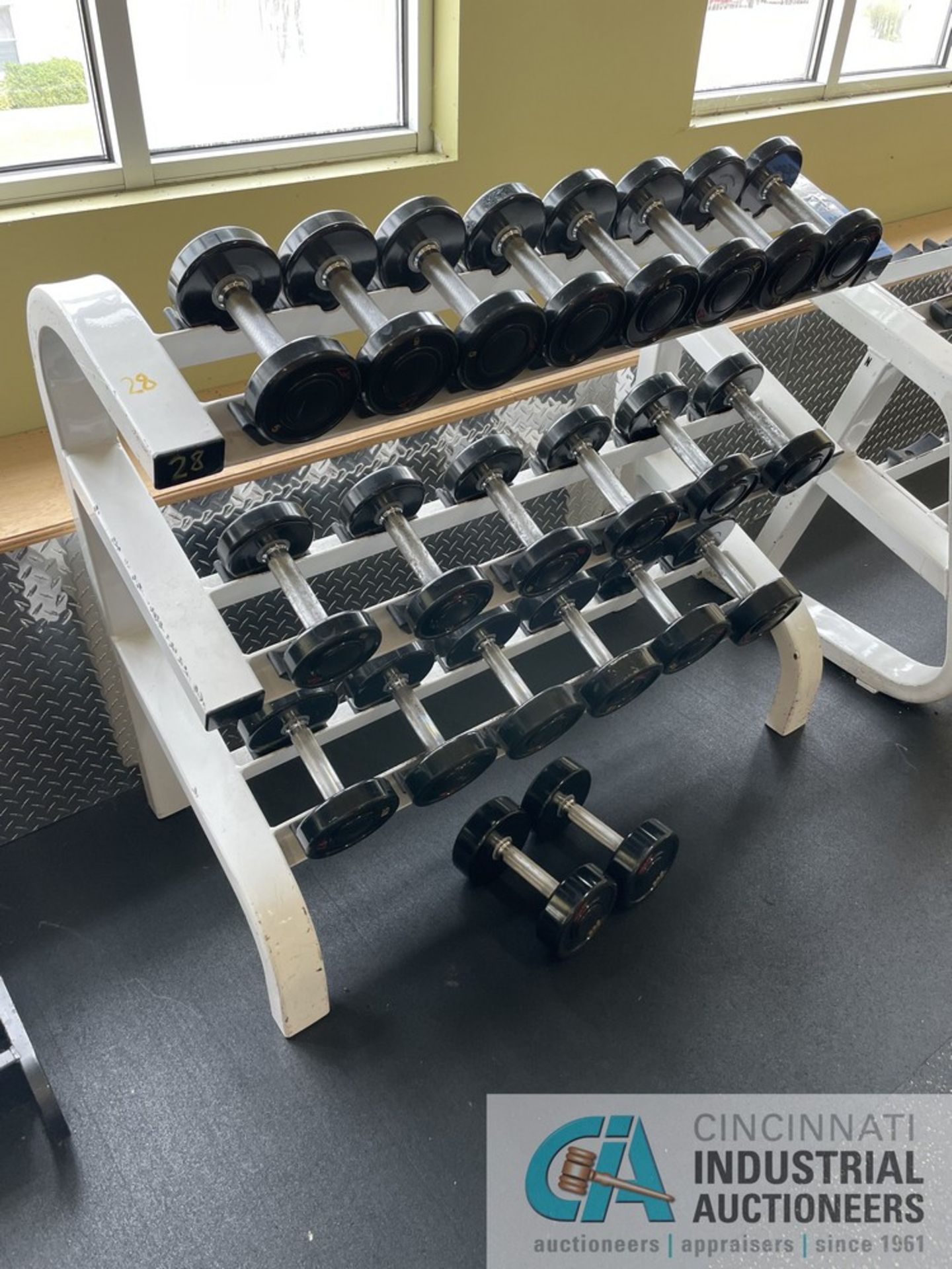 DUMBBELL RACK WITH DUMBBELLS; (4) 5 LB., (4) 7.5 LB., (4) 10 LB., (2) 12.5 LB., (2) 17.5 LB., (2) 20