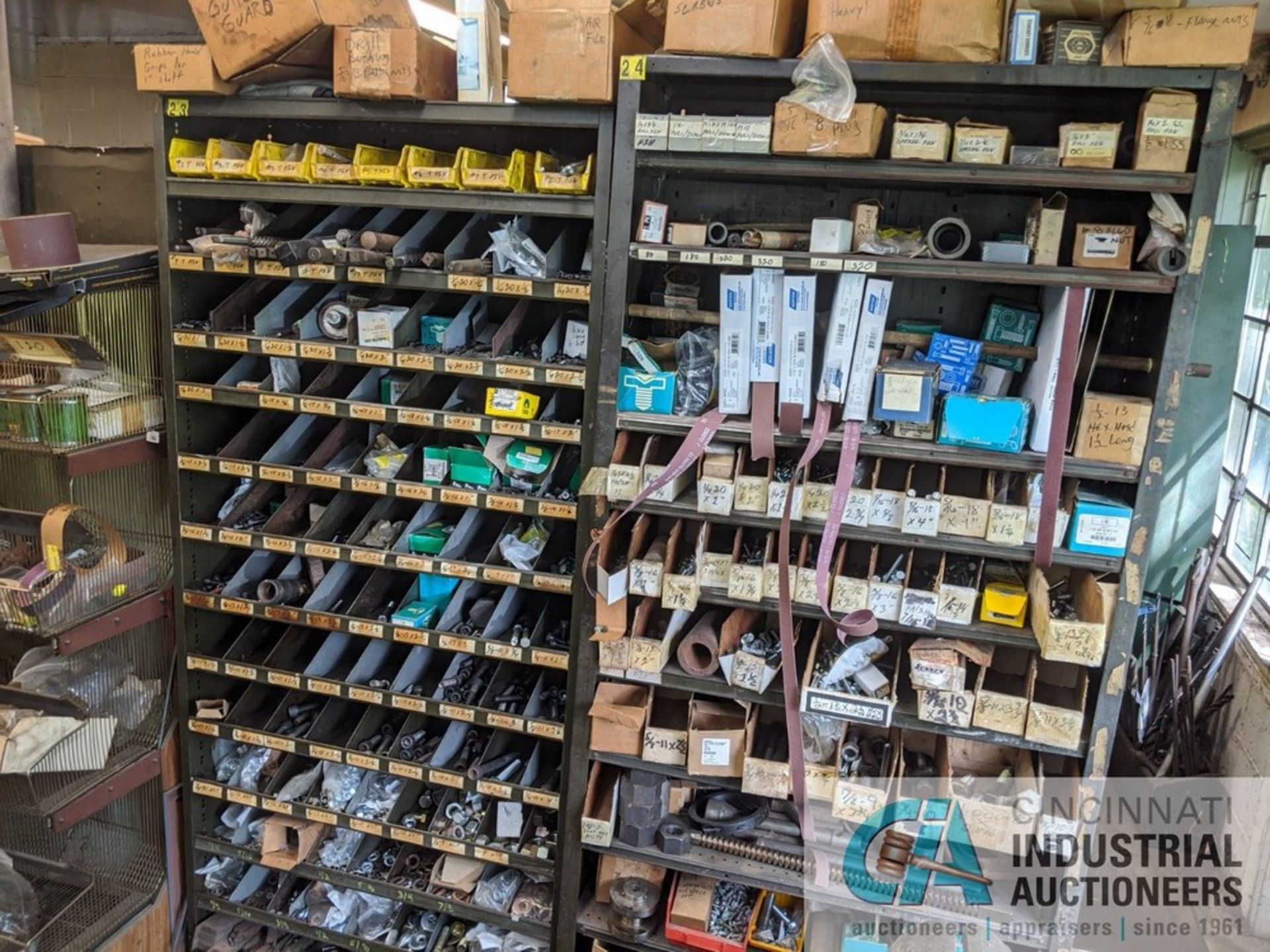 SECTION SHELVING WITH: HARDWARE, ABRASIVES, AND TOOLING