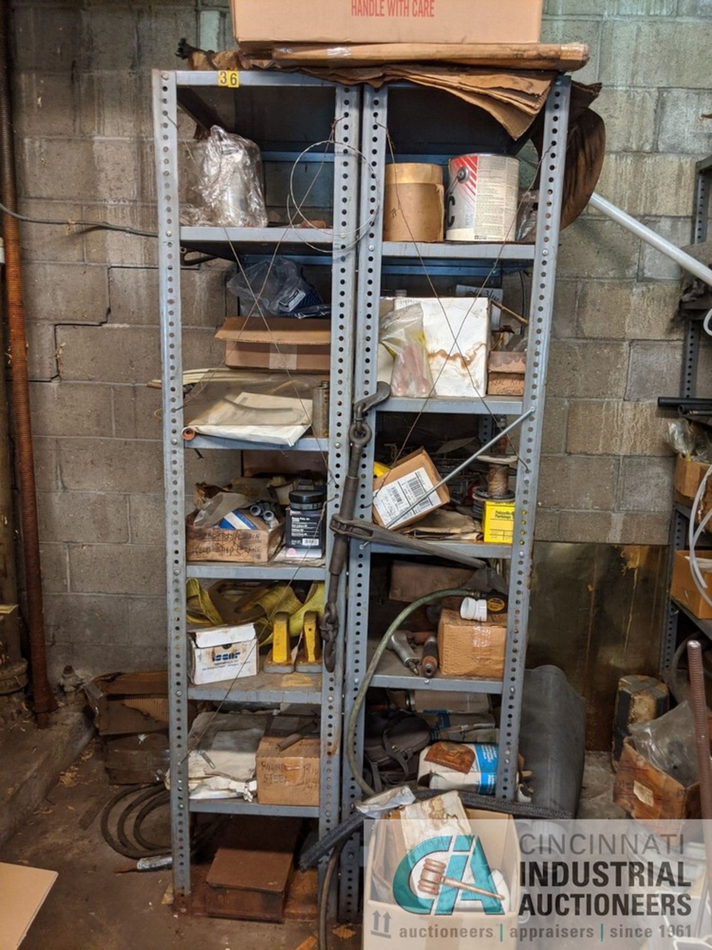 (LOT) CONTENTS OF ROOM: SHELVING UNITS WITH HARDWARE, GRINDING WHEELS, ALL THREAD, MACHINE PARTS, - Image 7 of 12