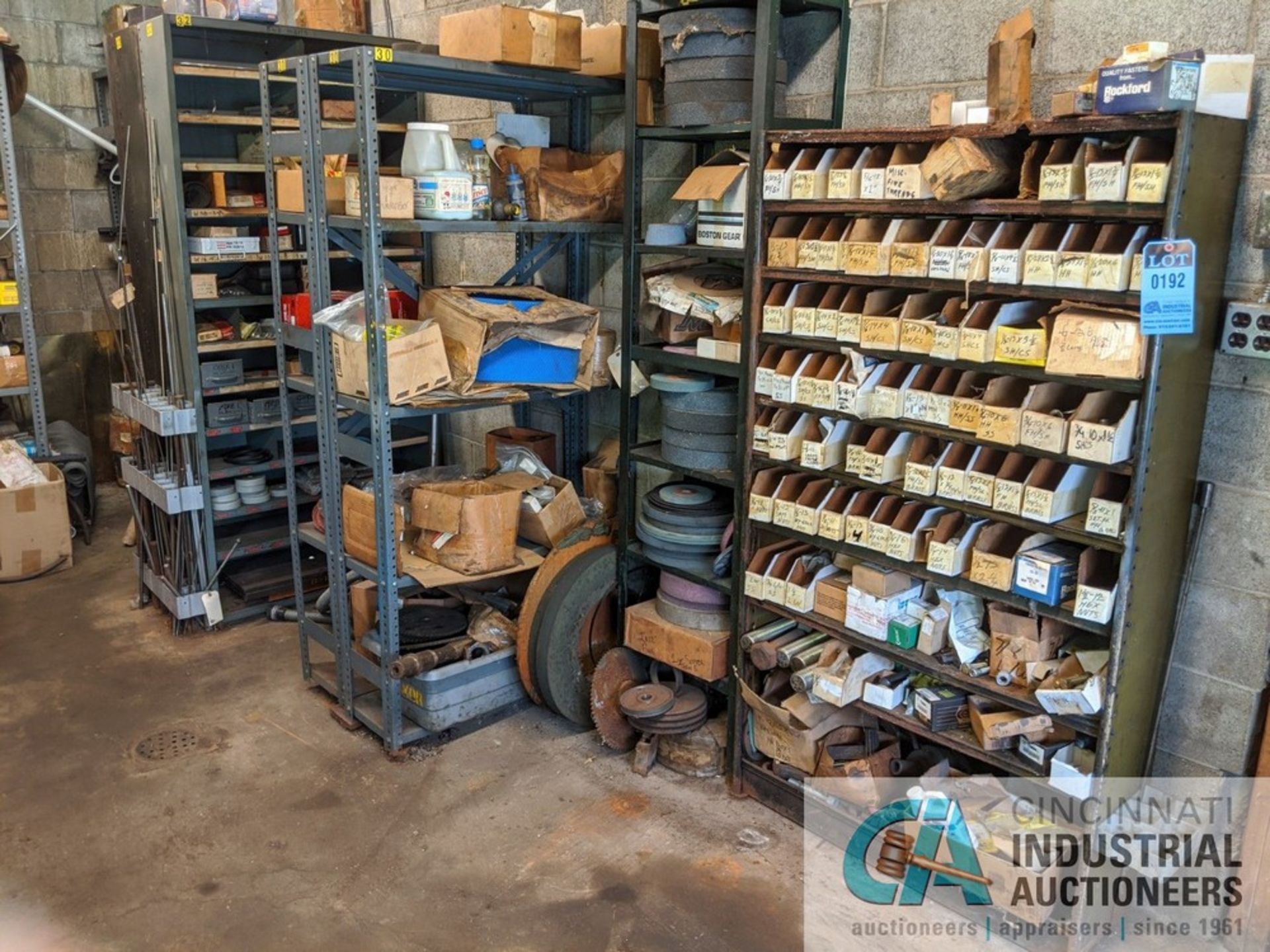 (LOT) CONTENTS OF ROOM: SHELVING UNITS WITH HARDWARE, GRINDING WHEELS, ALL THREAD, MACHINE PARTS,