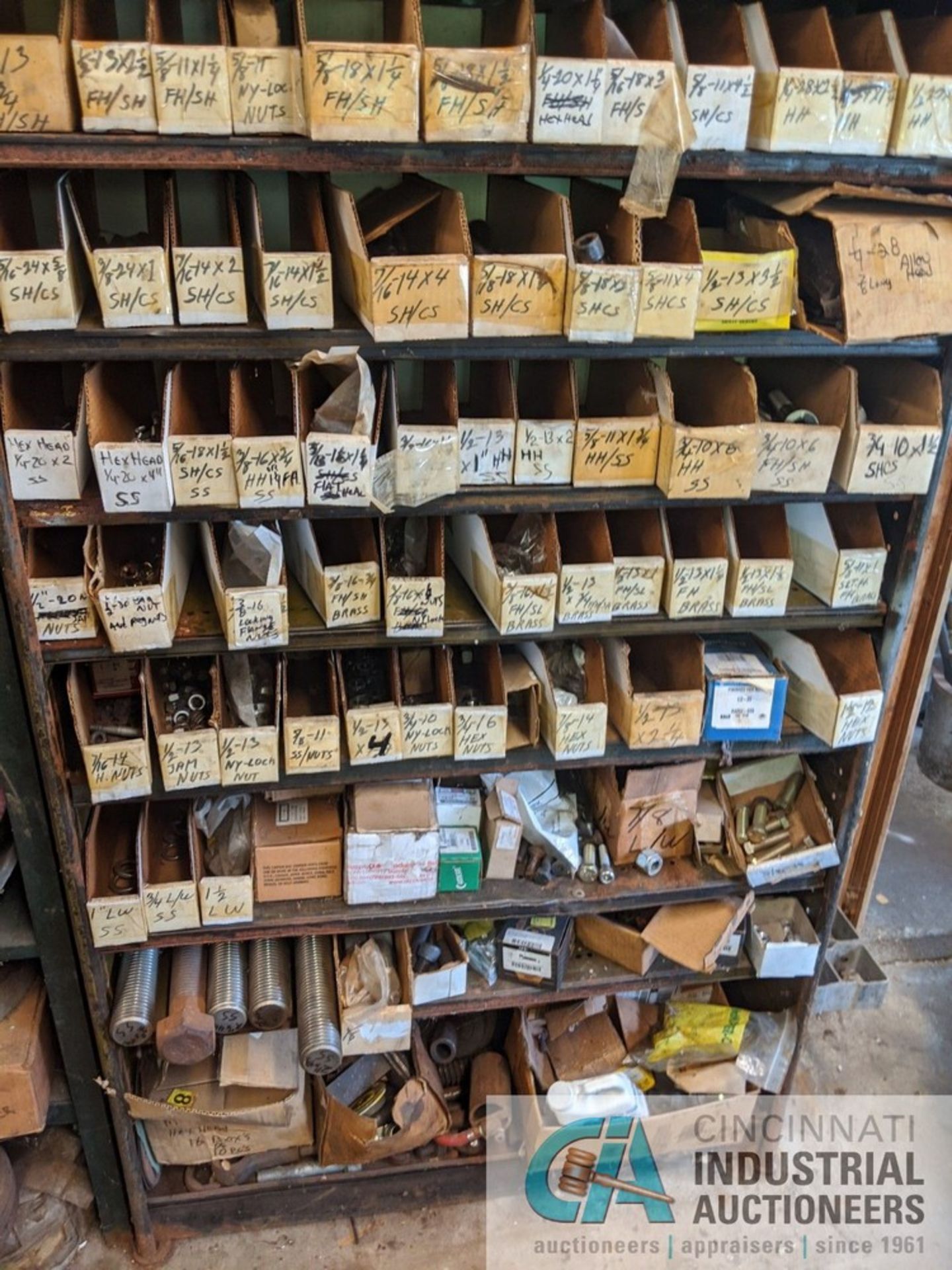 (LOT) CONTENTS OF ROOM: SHELVING UNITS WITH HARDWARE, GRINDING WHEELS, ALL THREAD, MACHINE PARTS, - Image 2 of 12